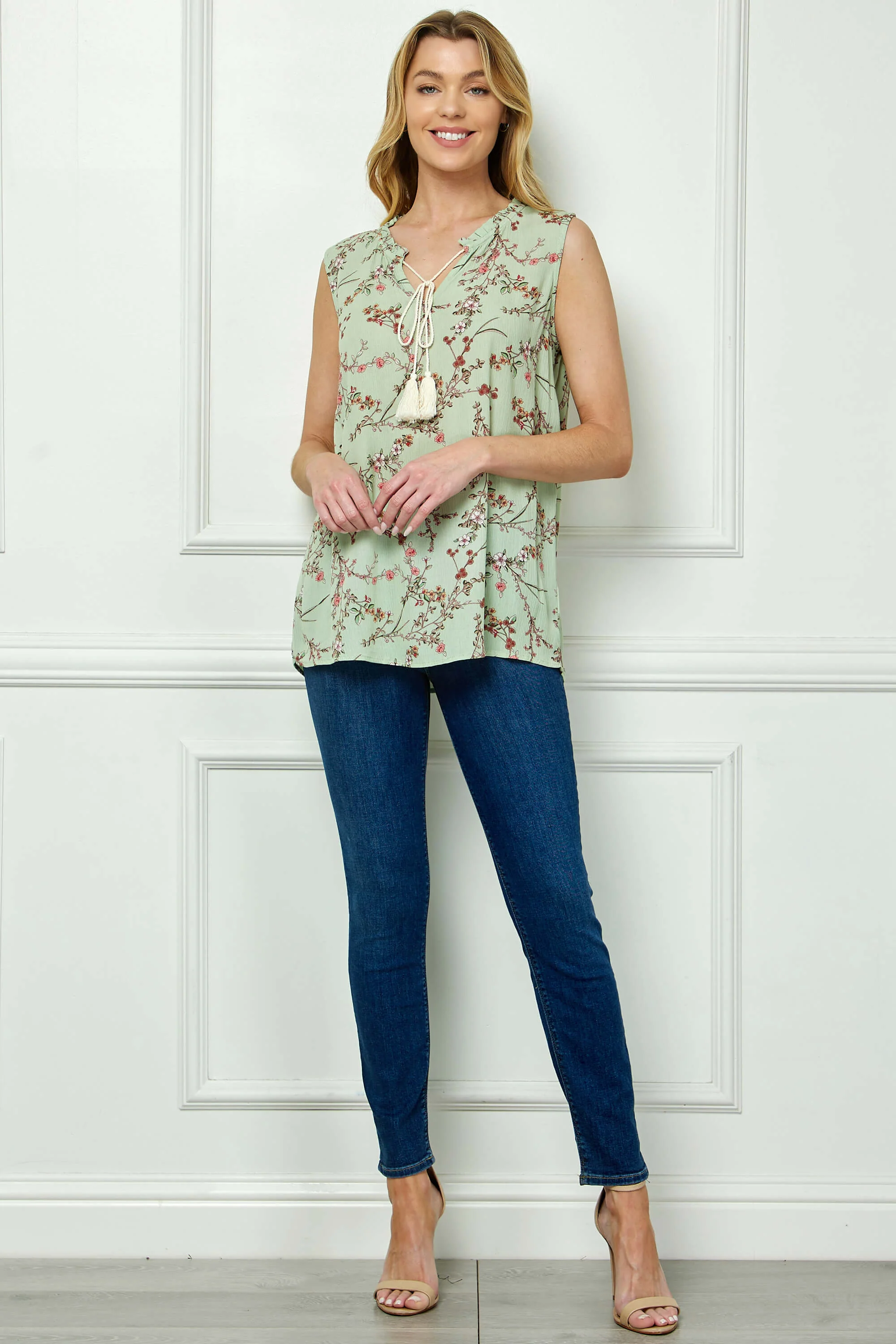 Sleeveless Ruffle Neck Tassel Blouse in Sage - Image 2