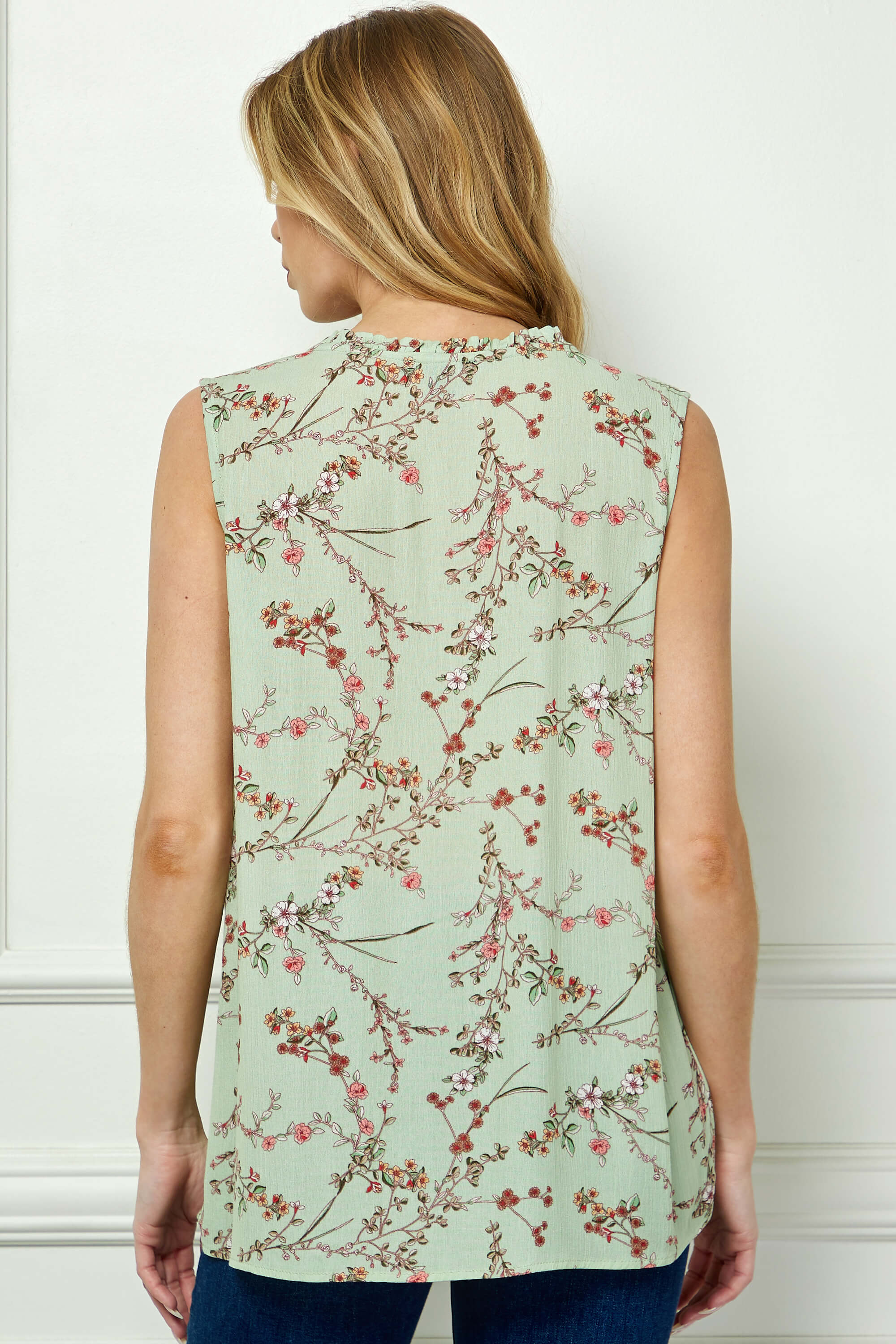 Sleeveless Ruffle Neck Tassel Blouse in Sage - Image 4