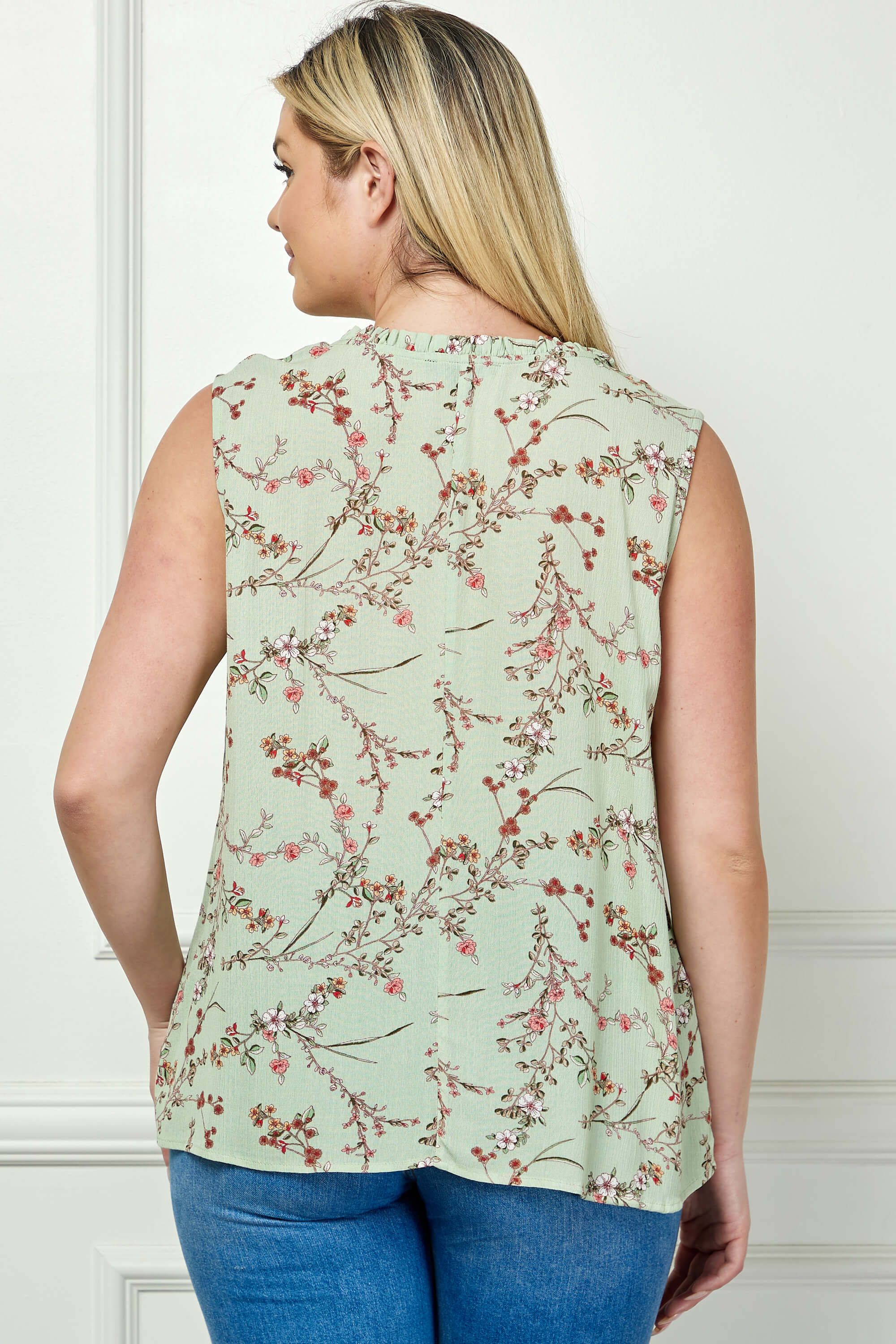 Sleeveless Ruffle Neck Tassel Blouse in Sage - Plus - Image 4