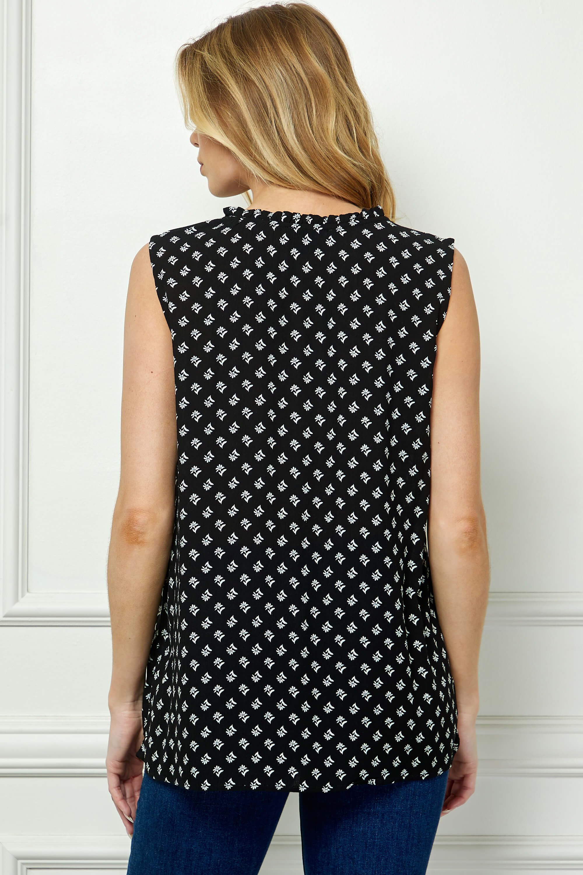 Sleeveless Ruffle Split Neck Tassel Blouse in Black - Image 4