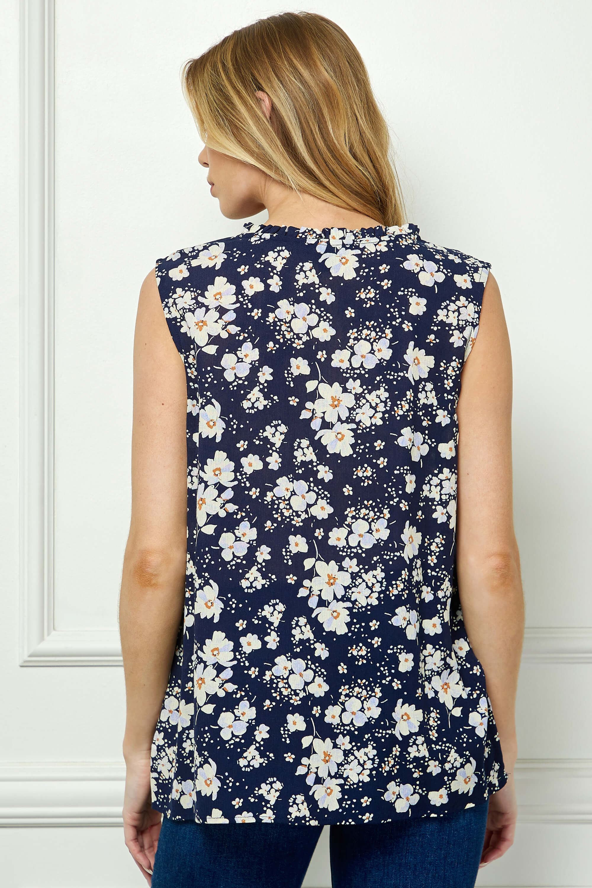 Sleeveless Ruffle Split Neck Tassel Blouse in Navy - Image 4