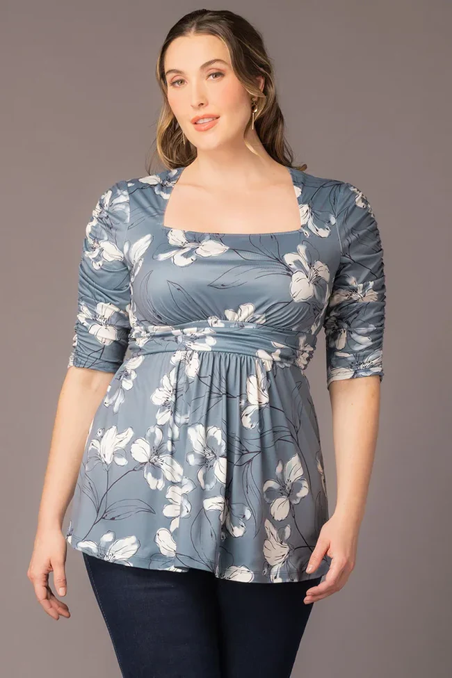 Solstice Square Neck Top  - Grey Lily Print -  Plus - Image 2