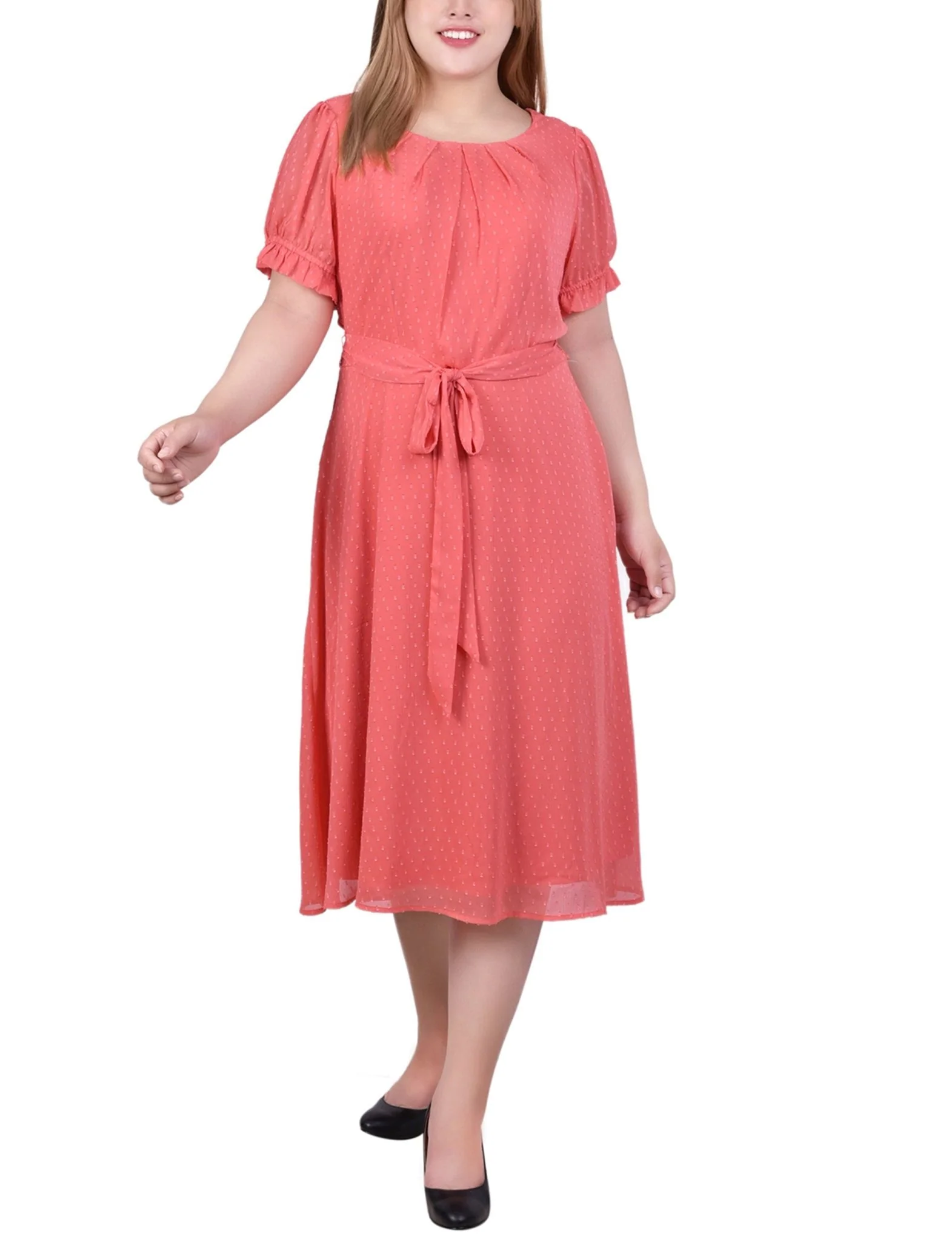 Spiced Coral Rectangle Short Sleeve Belted Swiss Dot Dress - Plus - Image 2