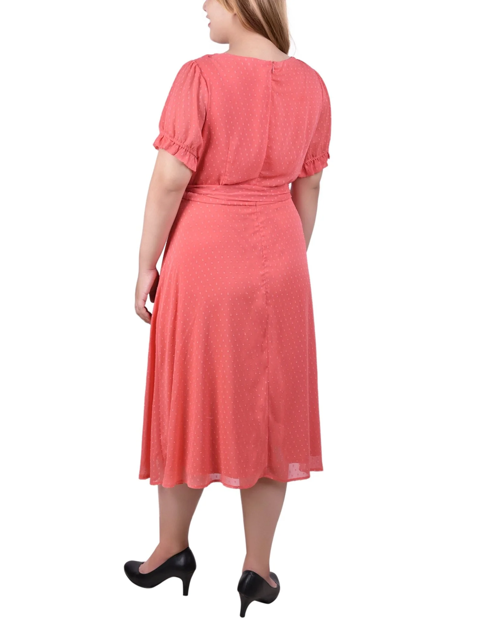 Spiced Coral Rectangle Short Sleeve Belted Swiss Dot Dress - Plus - Image 3