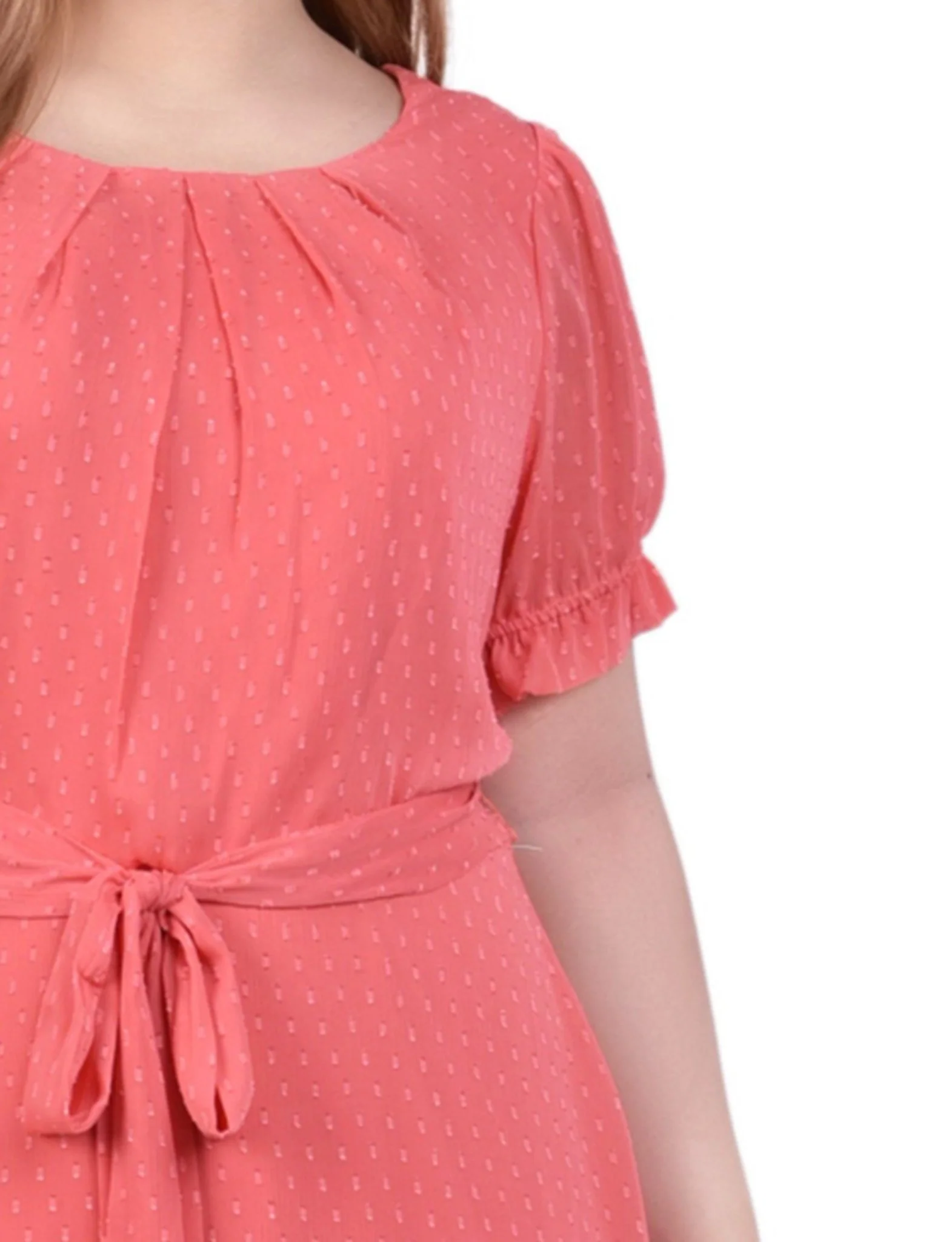 Spiced Coral Rectangle Short Sleeve Belted Swiss Dot Dress - Plus - Image 4