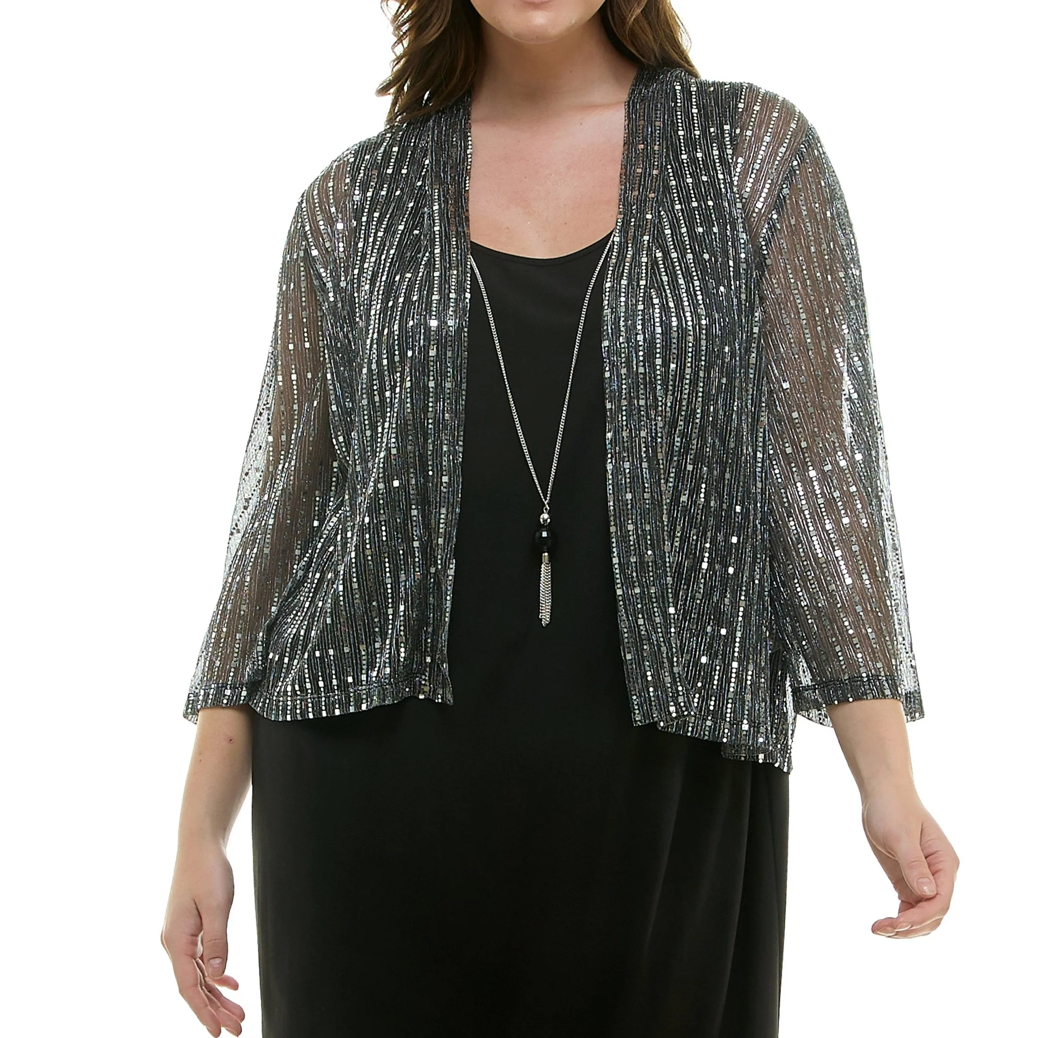 Striped Jacket Tank Dress with Detachable Necklace - Plus - Image 3