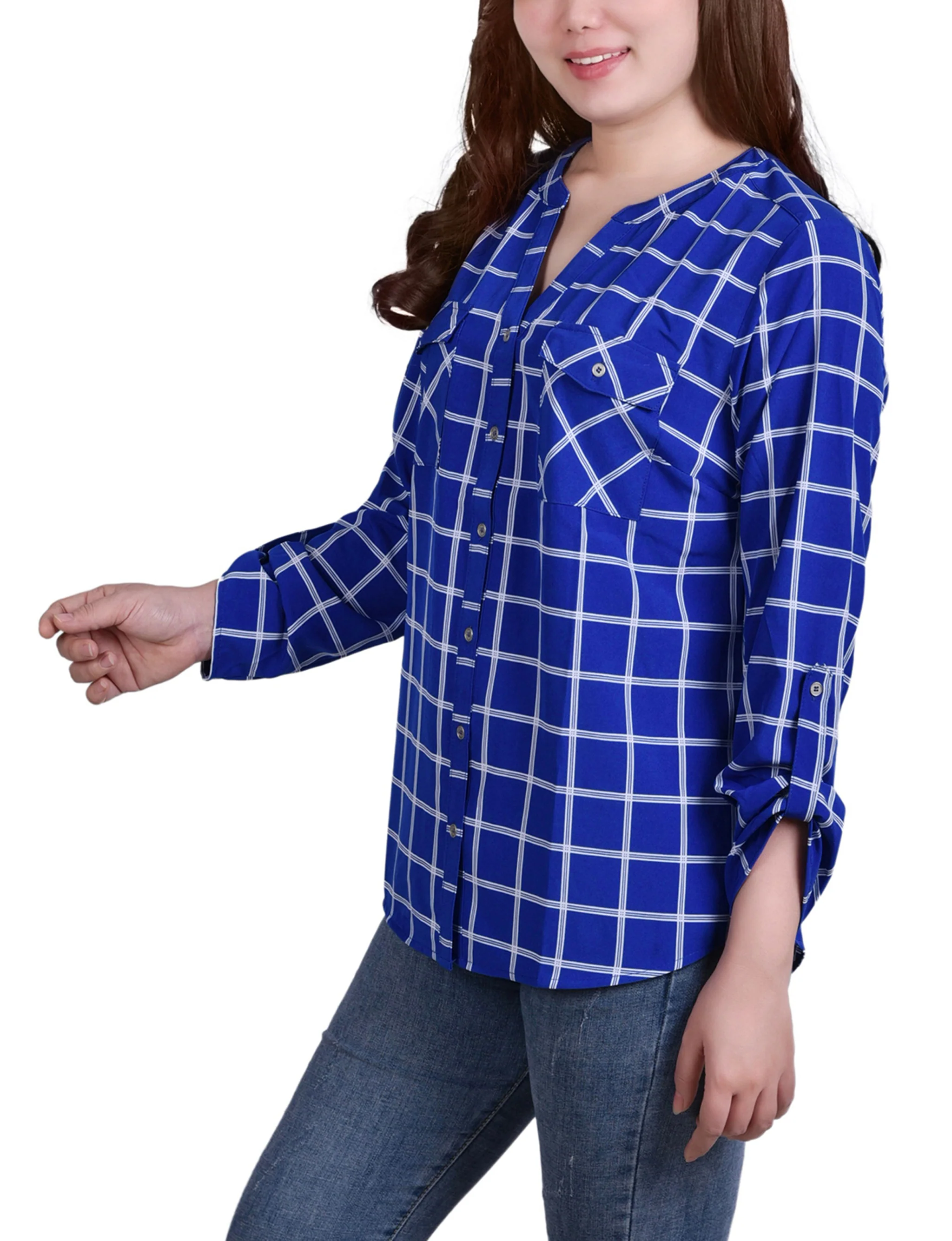 Surf Roomtile 3/4 Roll Tab Sleeve Mandarin Collar Blouse - Petite - Image 2