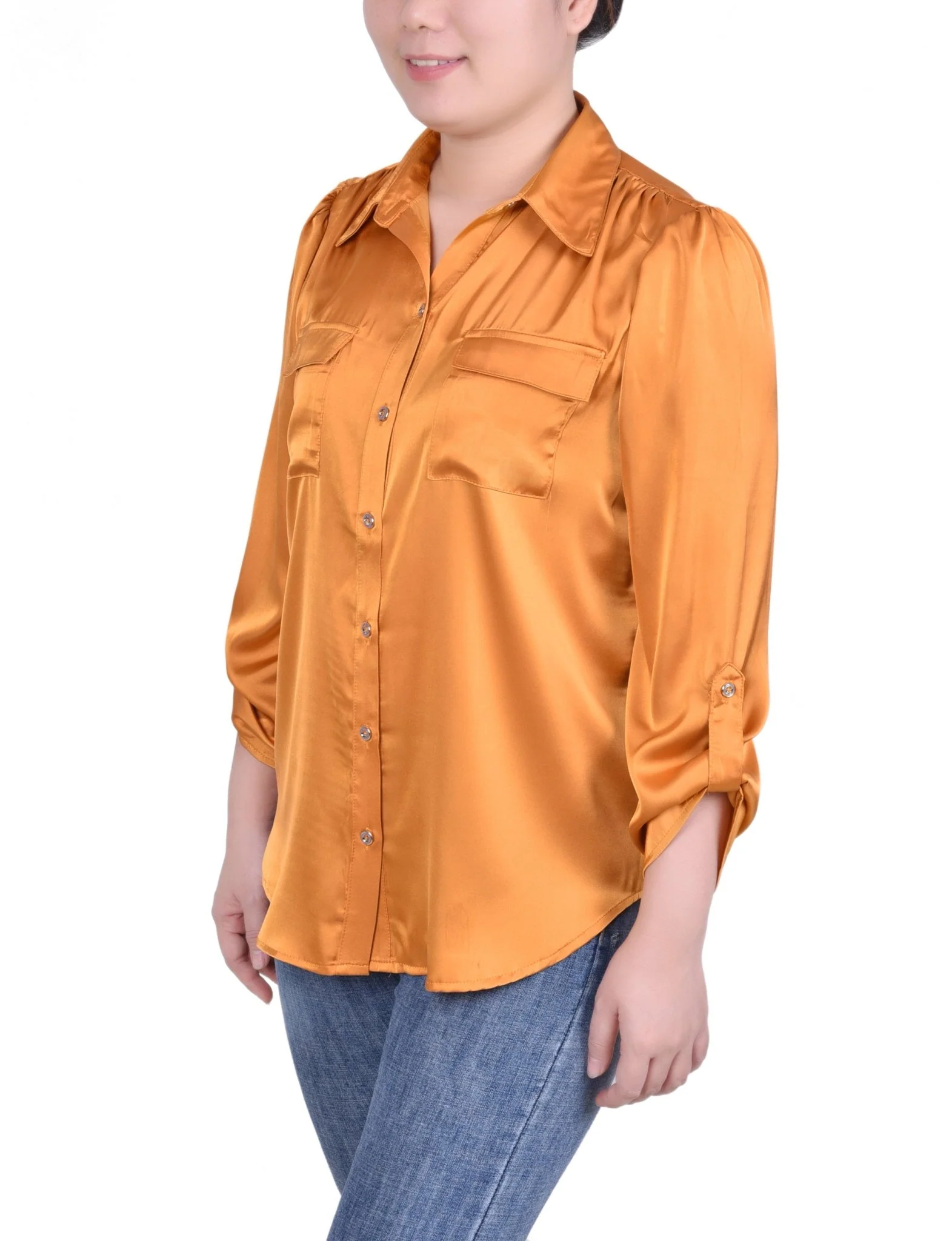 Tabbed Long Sleeve Satin Blouse - Petite - Image 5
