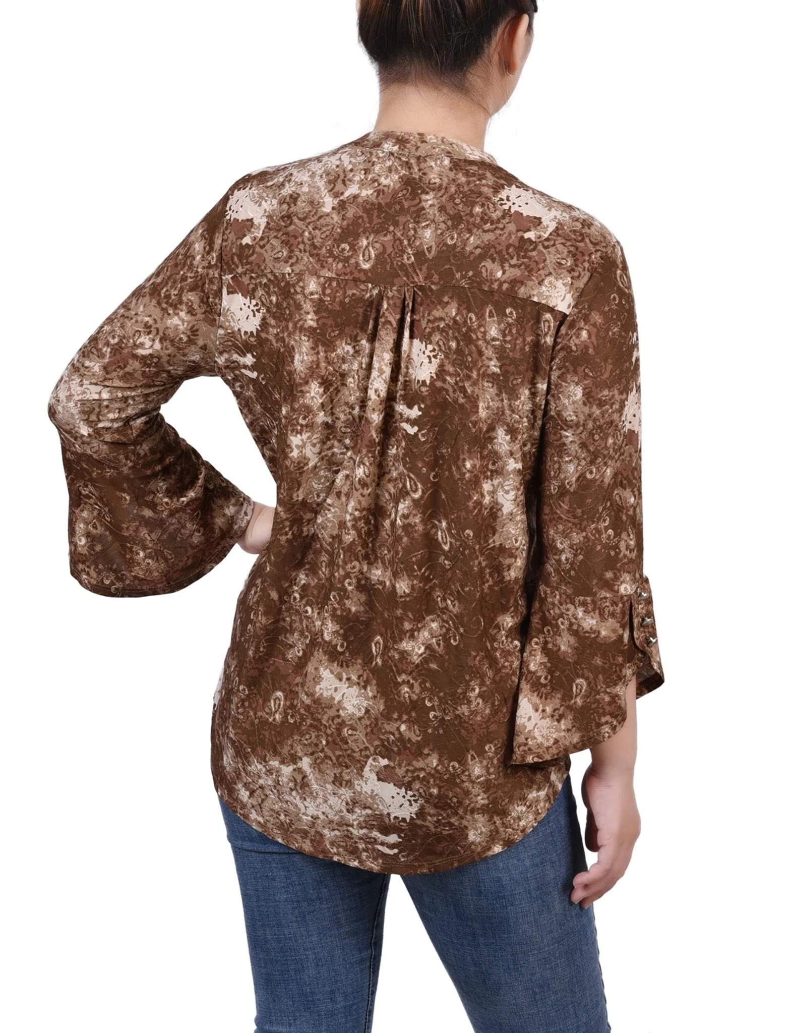 Taupe Geobreeze 3/4 Sleeve Overlapped Bell Sleeve Y Neck Top - Petite - Image 4