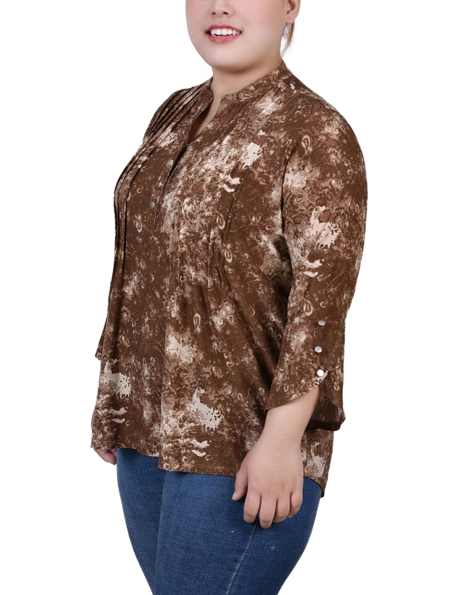 Taupe Geobreeze 3/4 Sleeve Overlapped Bell Sleeve Y Neck Top - Plus - Image 2