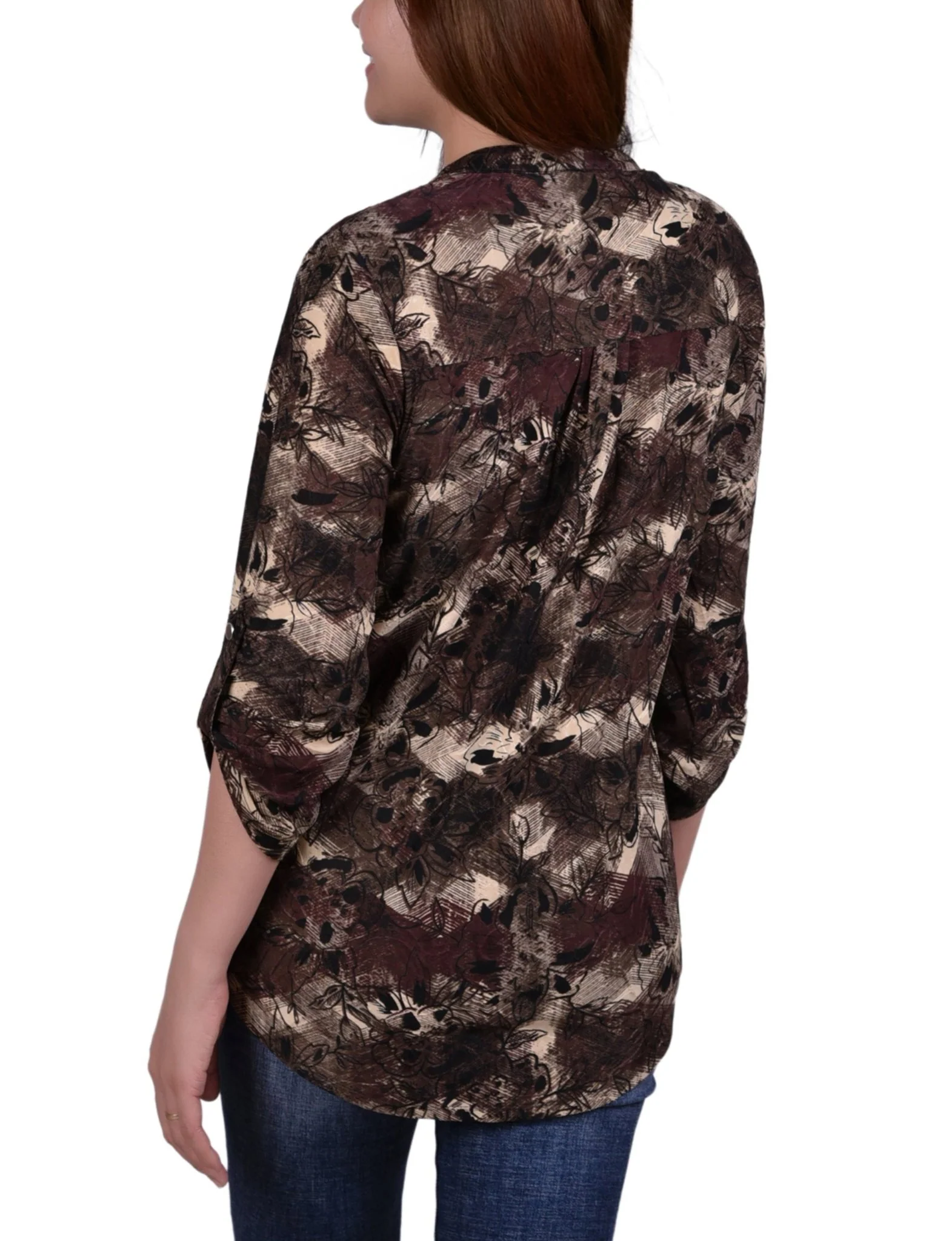 Taupe Milaflor 3/4 Sleeve Roll Tab Y Neck Top - Petite - Image 4
