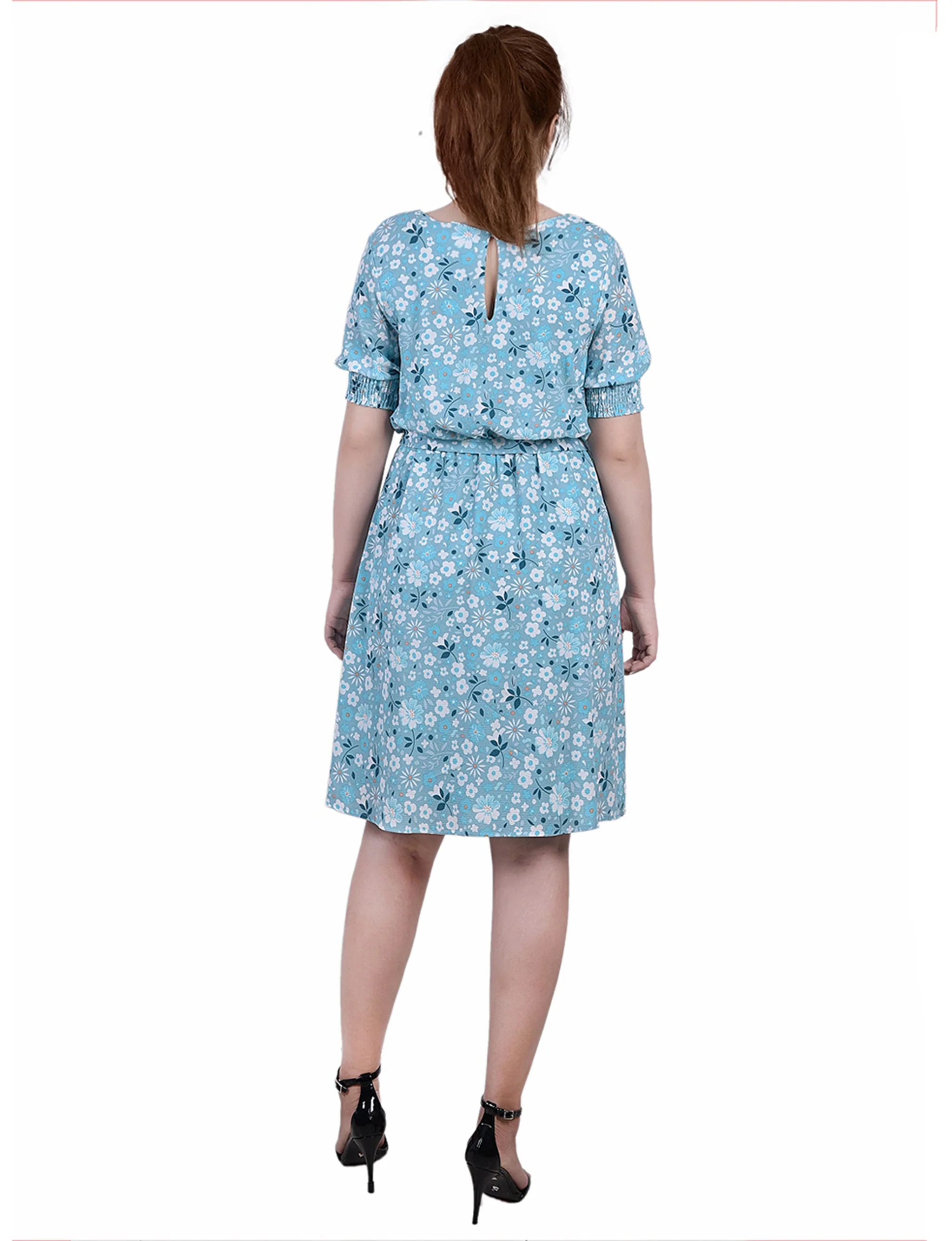 Teal Disty Floral Short Sleeve Pebble Crepe Dress - Image 3