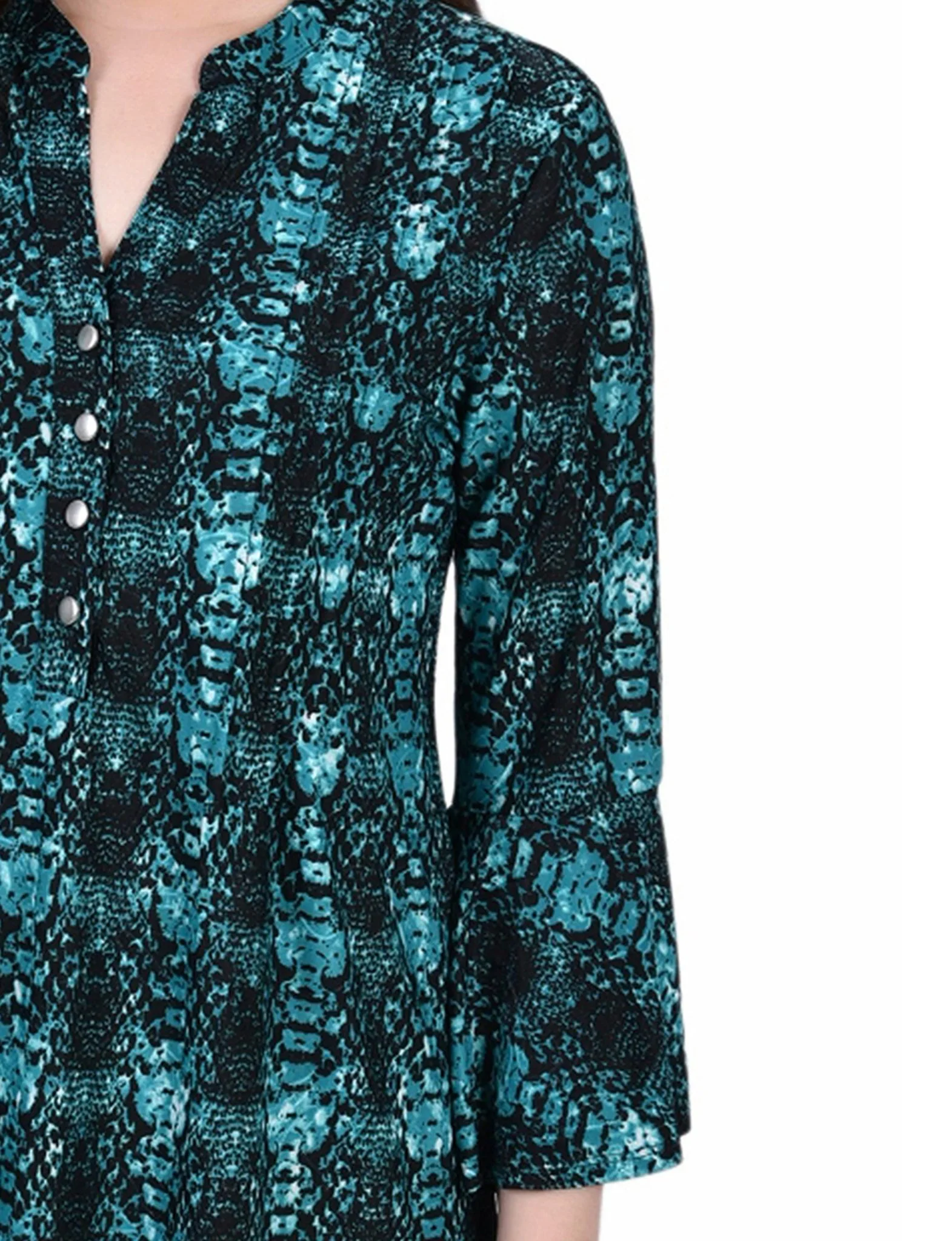 Teal Plaid 3/4 Bell Sleeve Pleat Front Y Neck Top - Image 3