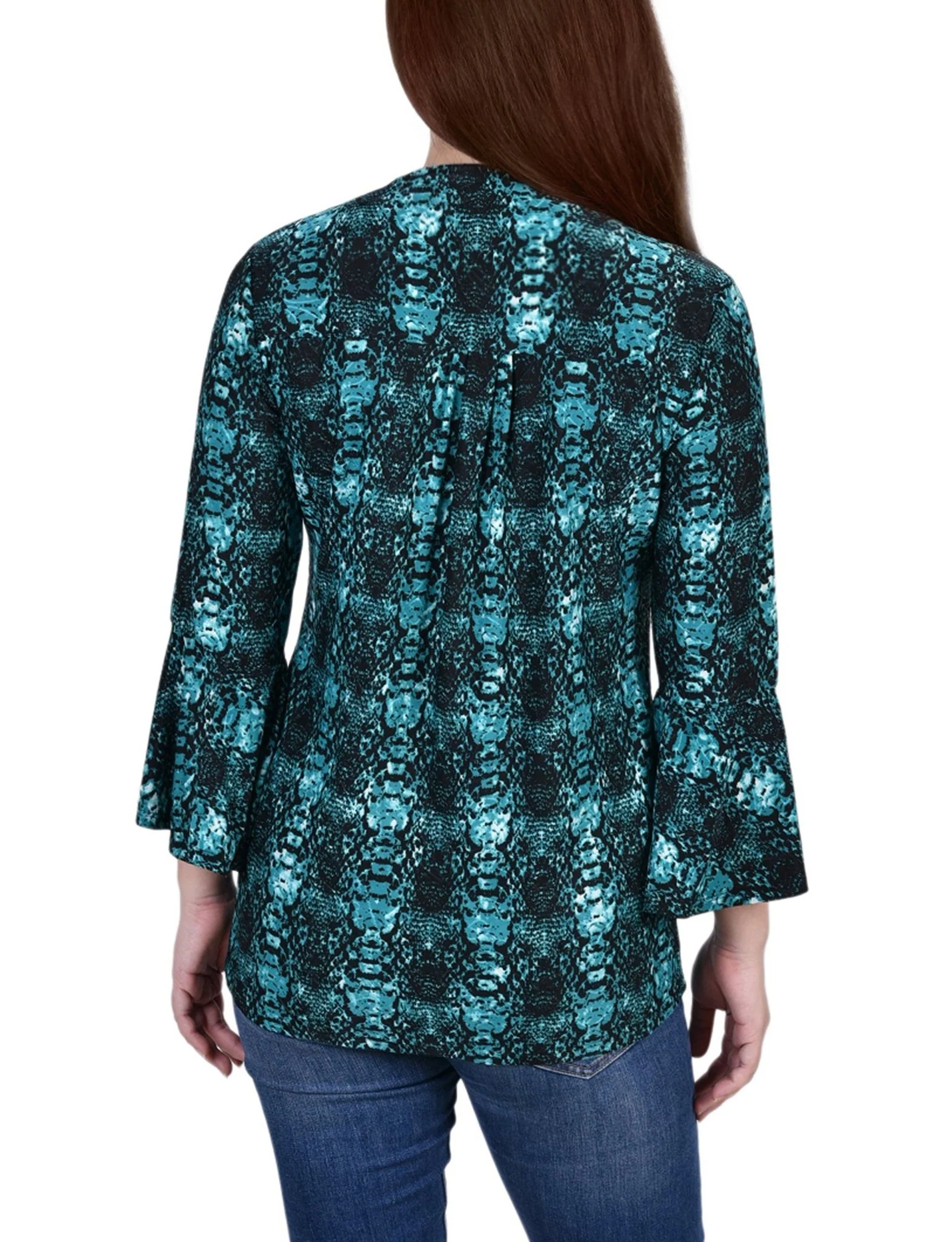 Teal Plaid 3/4 Bell Sleeve Pleat Front Y Neck Top - Image 4