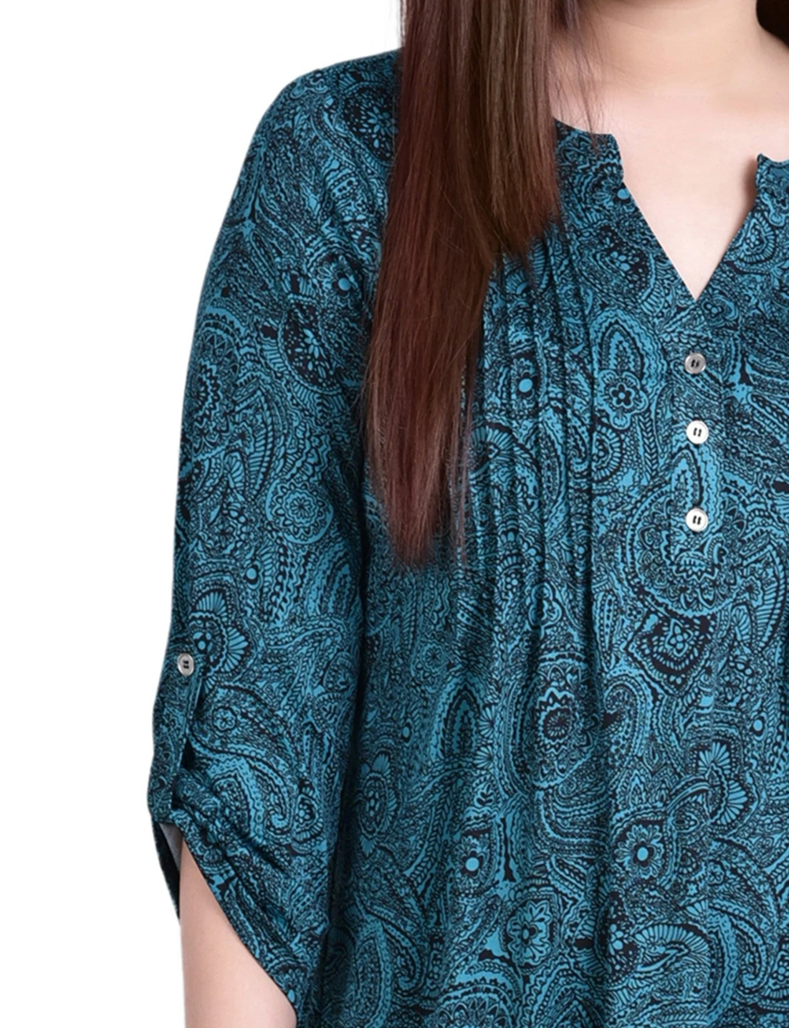 Teal Whisper 3/4 Bell Sleeve Pleat Front Y Neck Top - Image 3