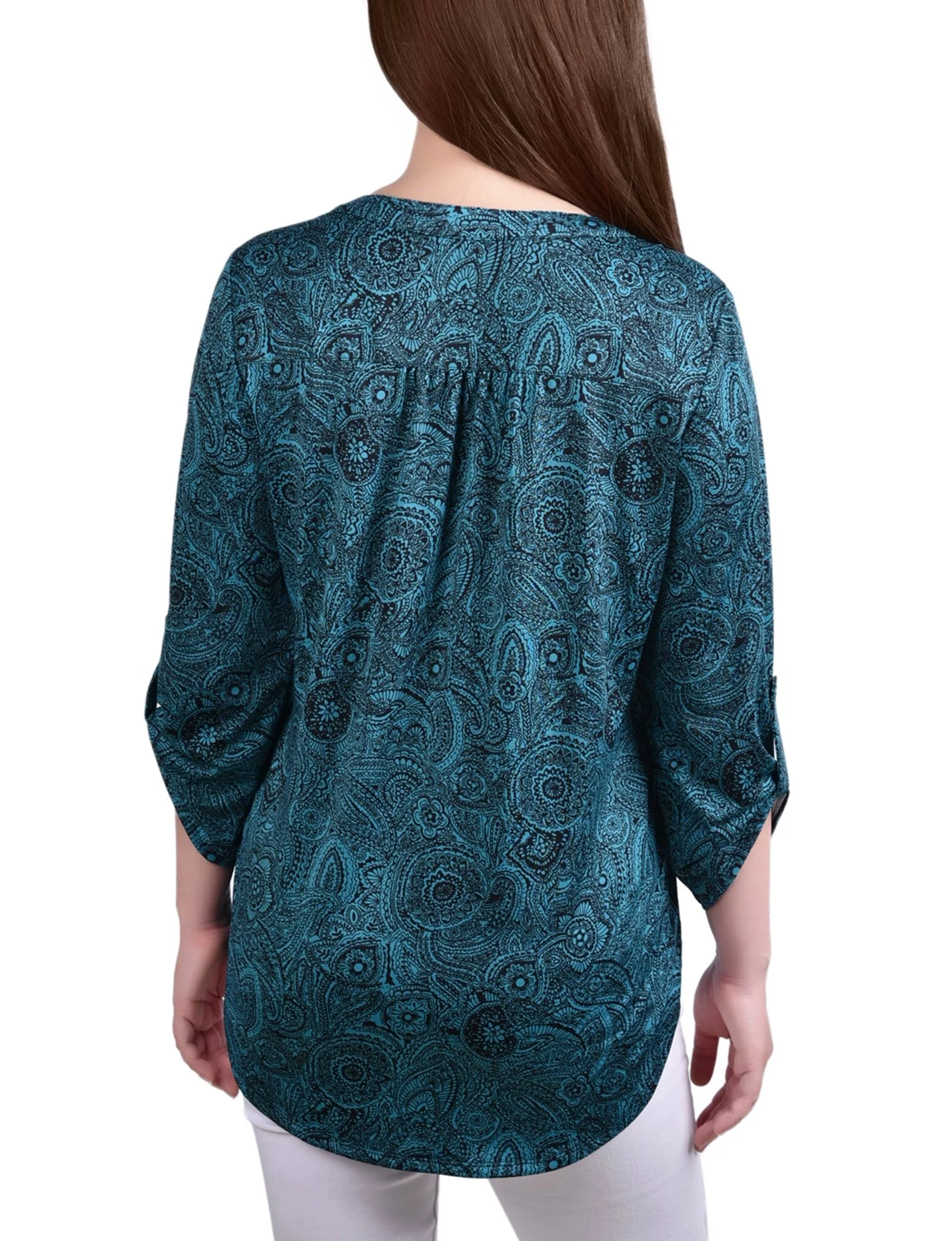 Teal Whisper 3/4 Bell Sleeve Pleat Front Y Neck Top - Image 4