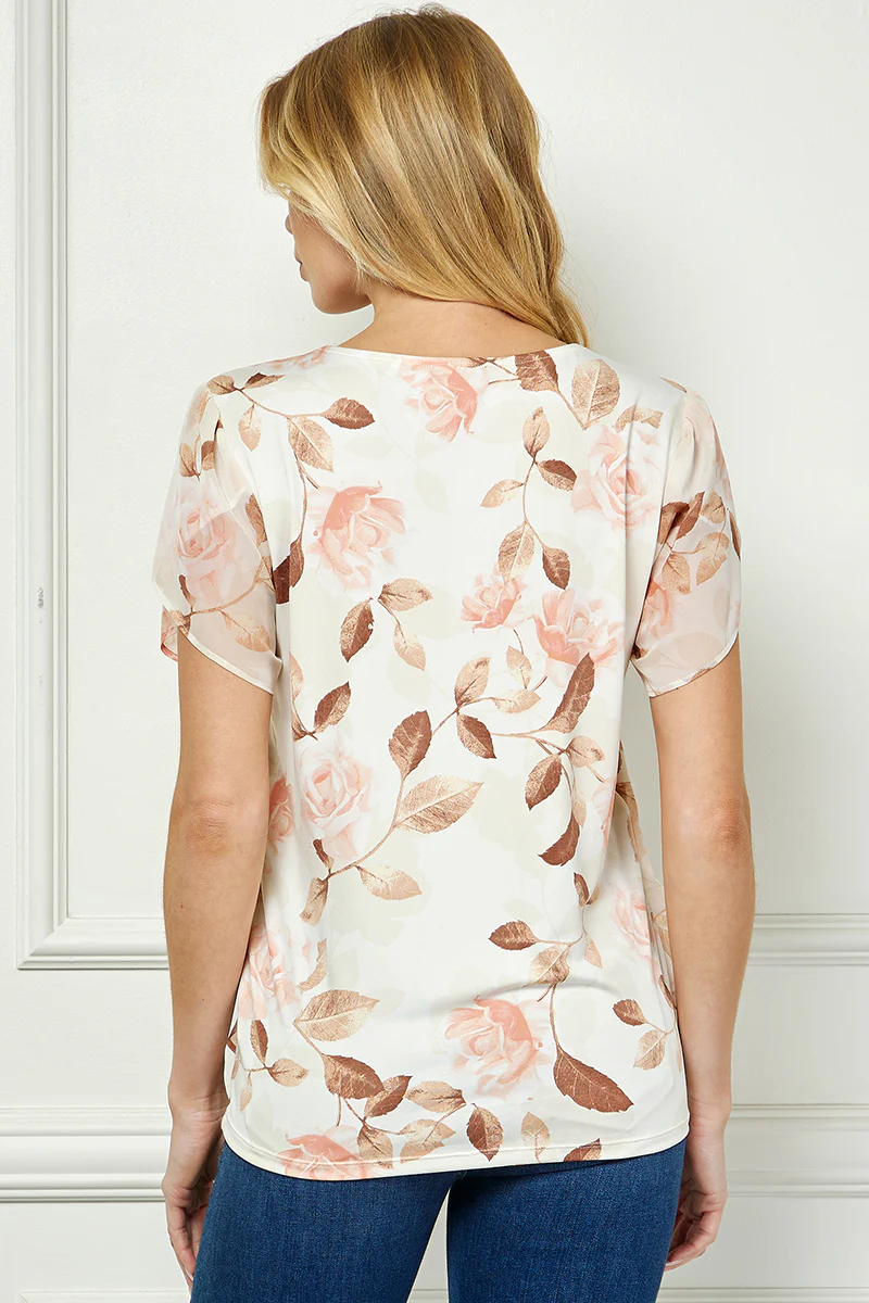 Tulip Sleeve V-Neck Layered Front Blouse in Cream/Brown - Image 3