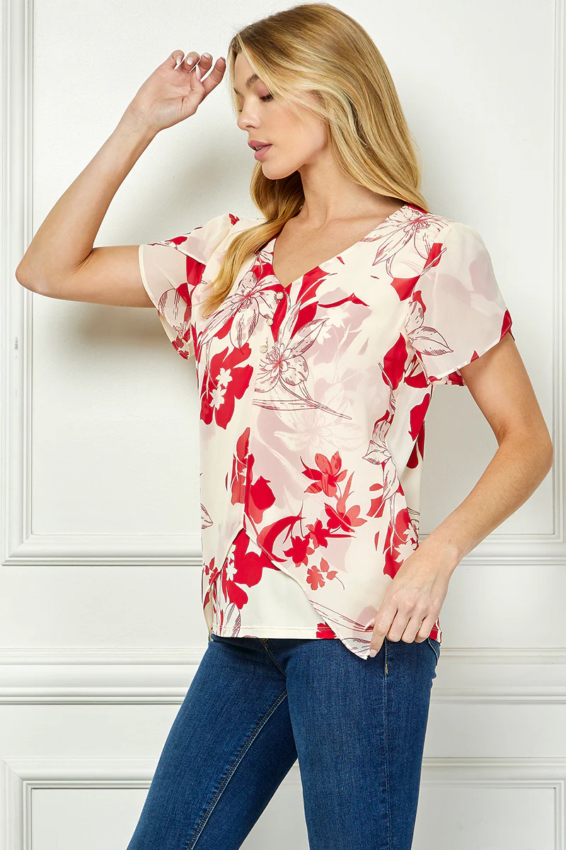 Tulip Sleeve V-Neck Layered Front Blouse in Red/Cream - Image 3