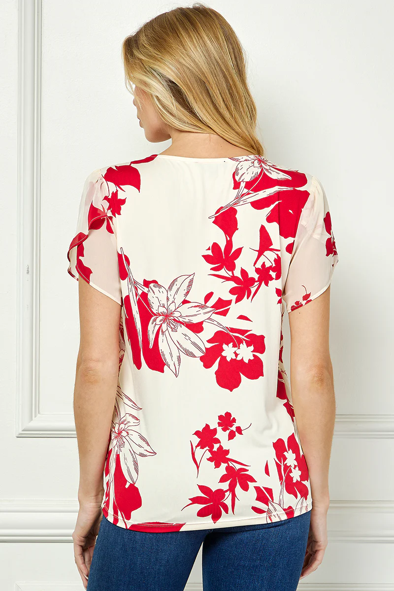 Tulip Sleeve V-Neck Layered Front Blouse in Red/Cream - Image 4