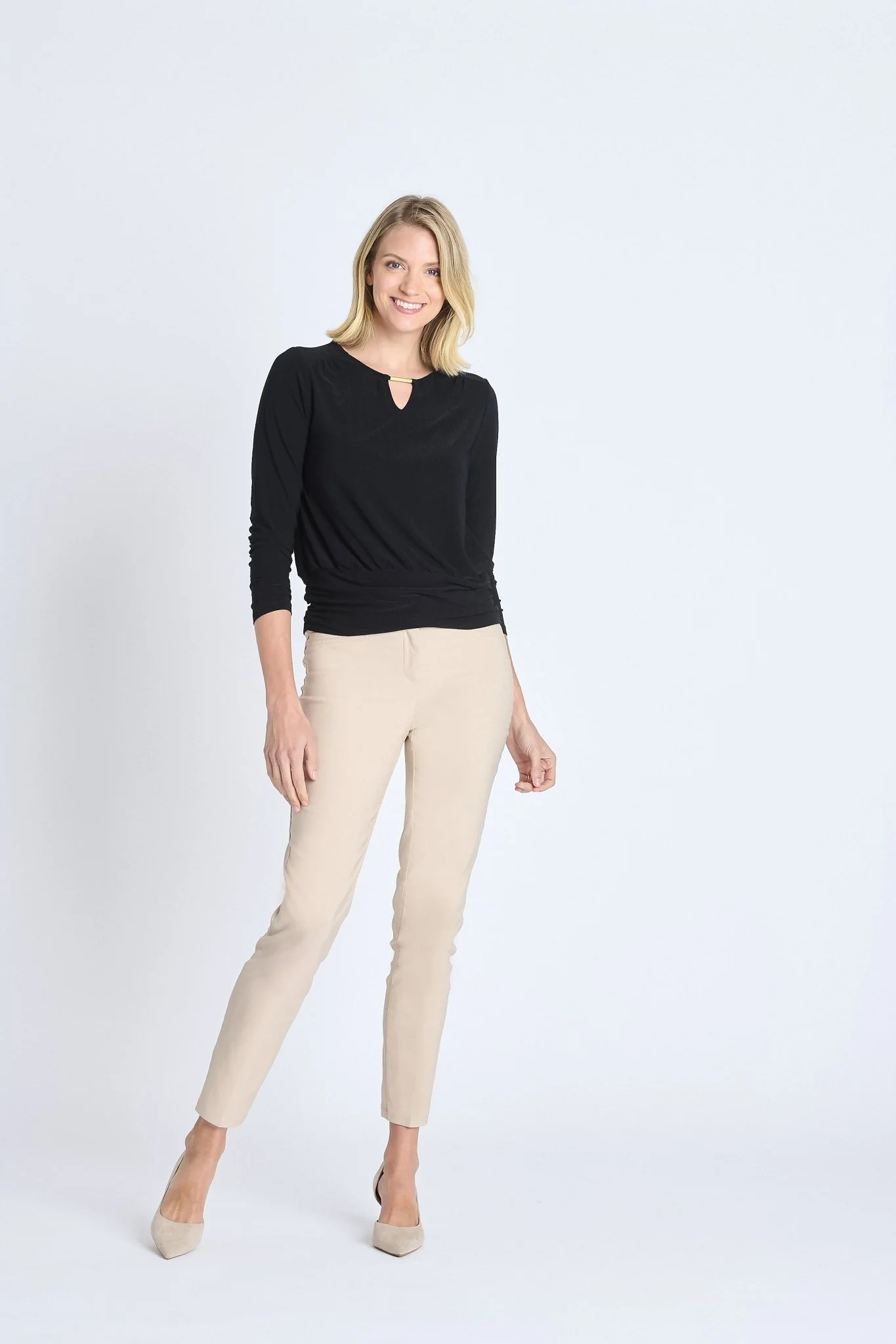 V-Neck Bar Trim Banded Top, Black - Image 2