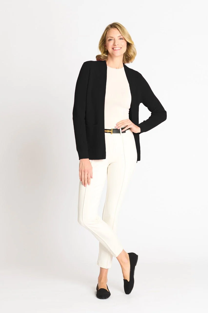 Waffle Stitch Cardigan Sweater with Pocket, Black - Image 3