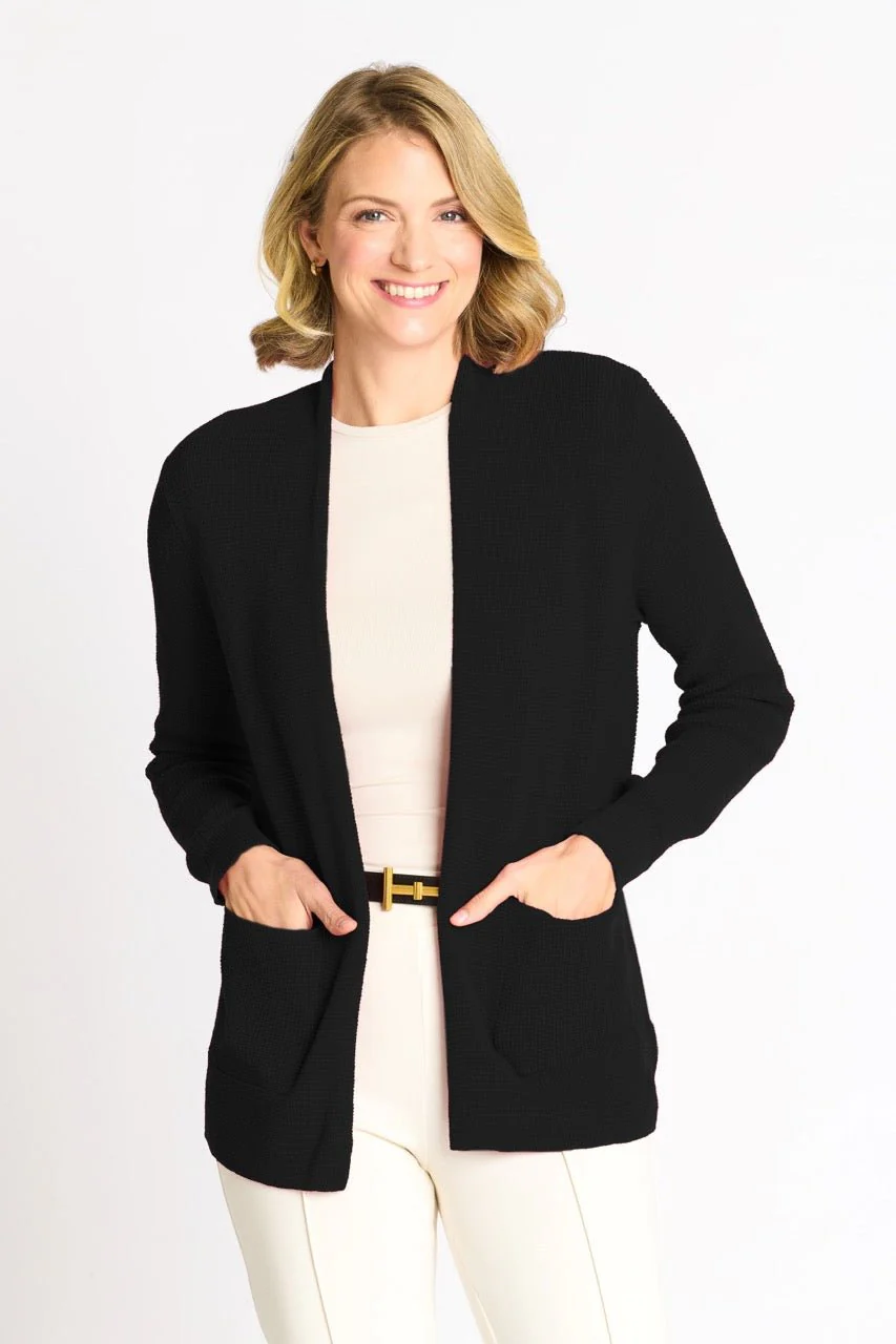 Waffle Stitch Cardigan Sweater with Pocket, Black - Image 4