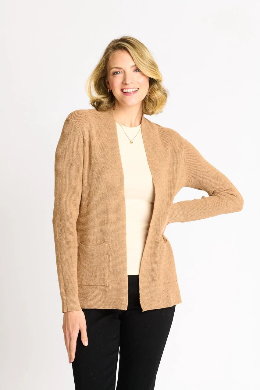 Waffle Stitch Cardigan Sweater with Pocket, Caramel Heather - Image 3