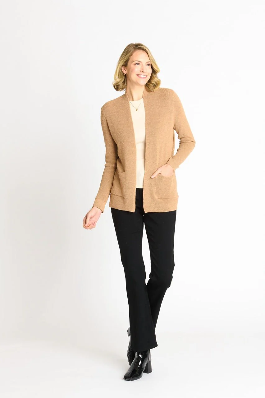 Waffle Stitch Cardigan Sweater with Pocket, Caramel Heather - Image 5