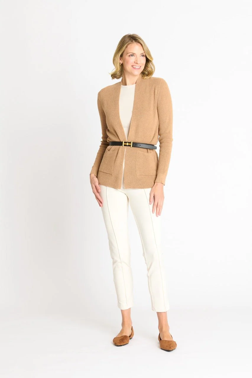Waffle Stitch Cardigan Sweater with Pocket, Caramel Heather - Image 7