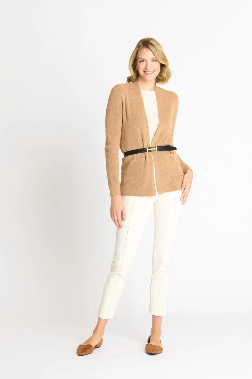 Waffle Stitch Cardigan Sweater with Pocket, Caramel Heather - Image 8