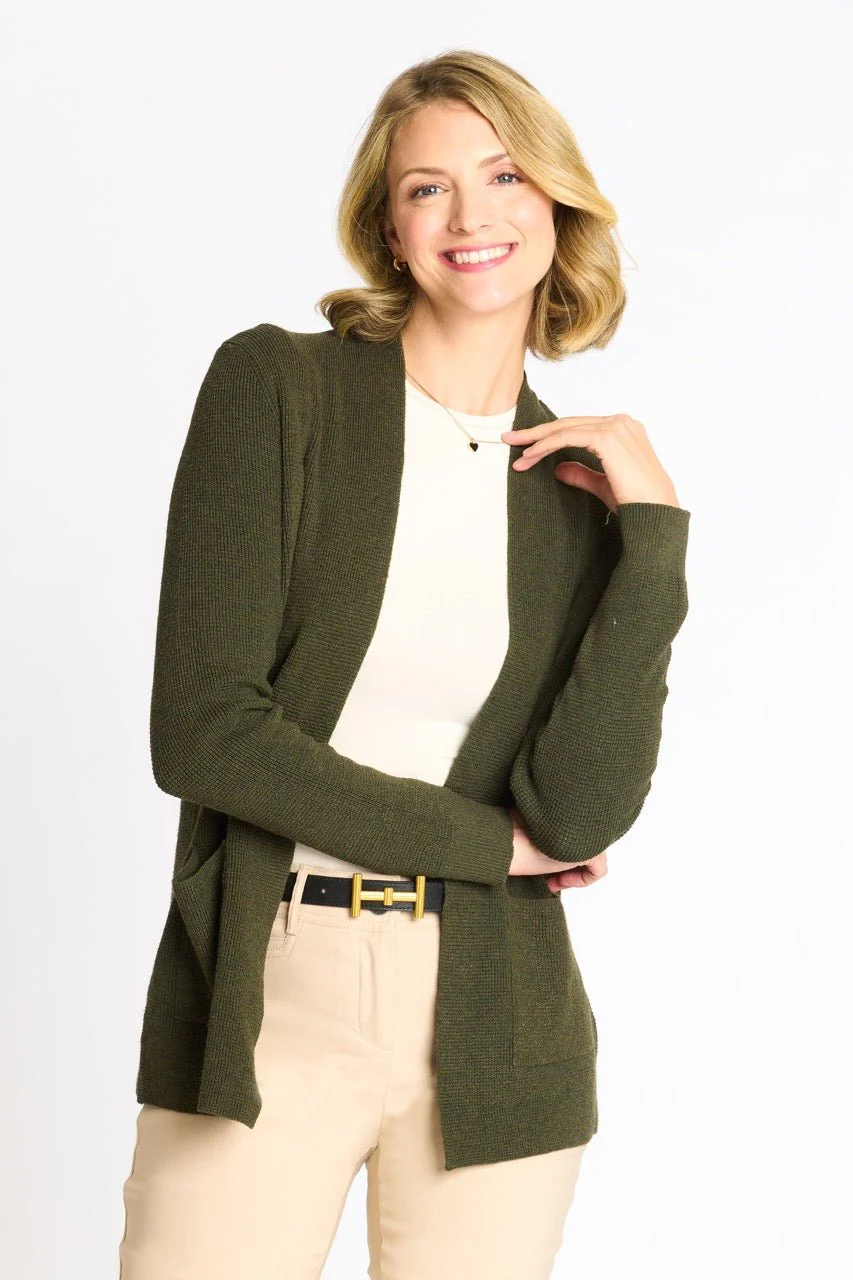 Waffle Stitch Cardigan Sweater with Pocket, Fatigue Heather - Image 3