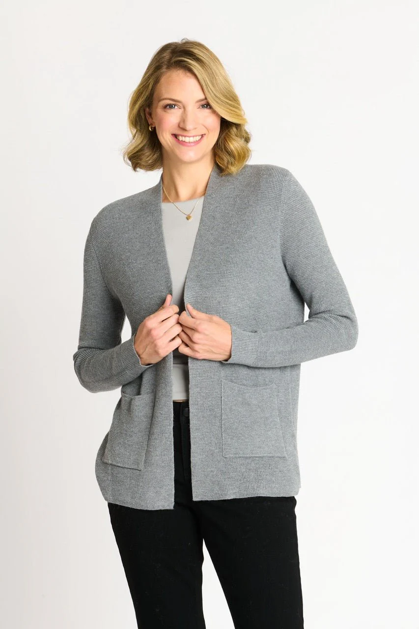 Waffle Stitch Cardigan Sweater with Pocket, Medium Grey Heather - Image 3