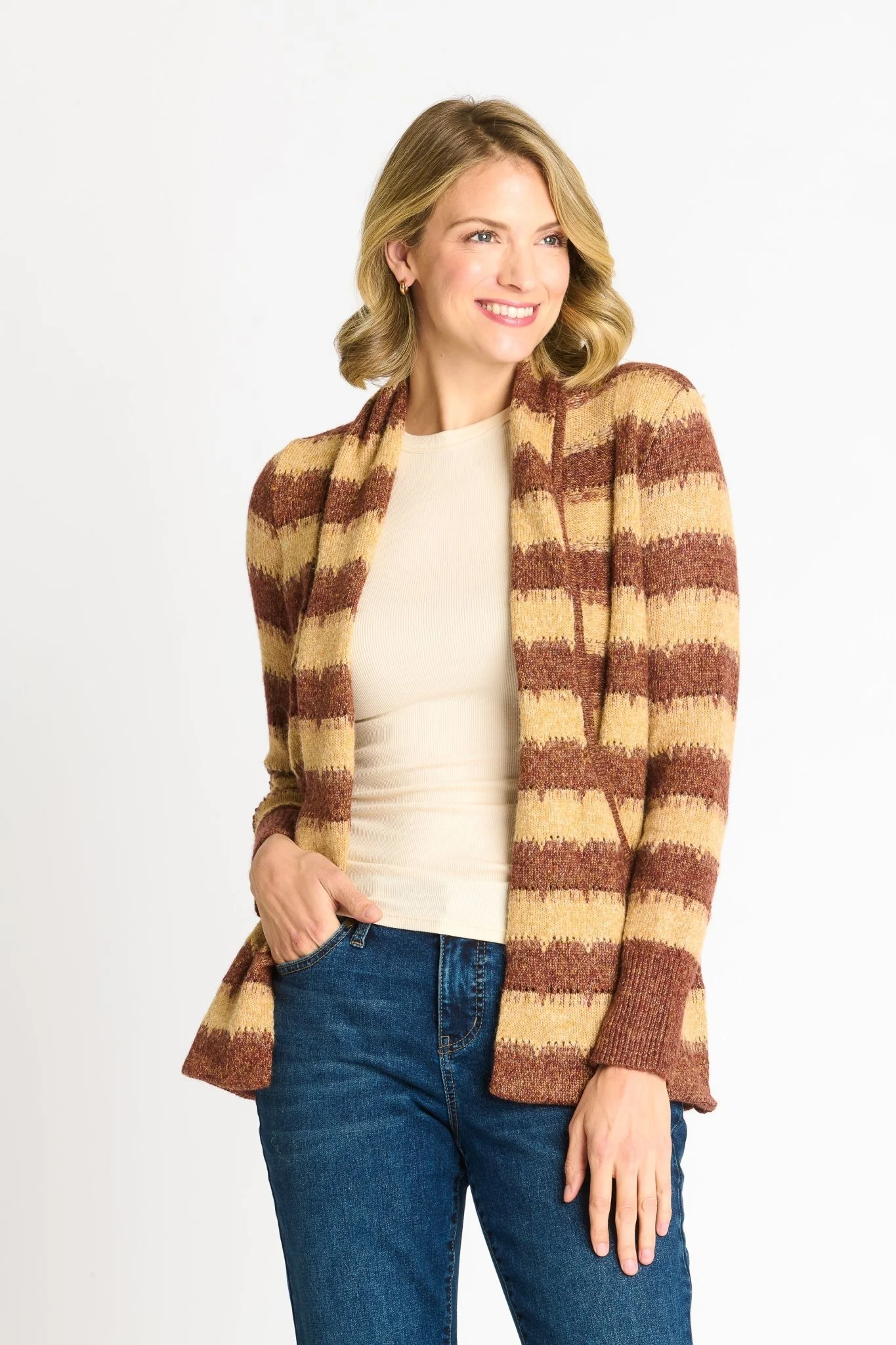 Wave Stripe J-Pocket Cardigan Sweater, Caramel Heather - Image 9