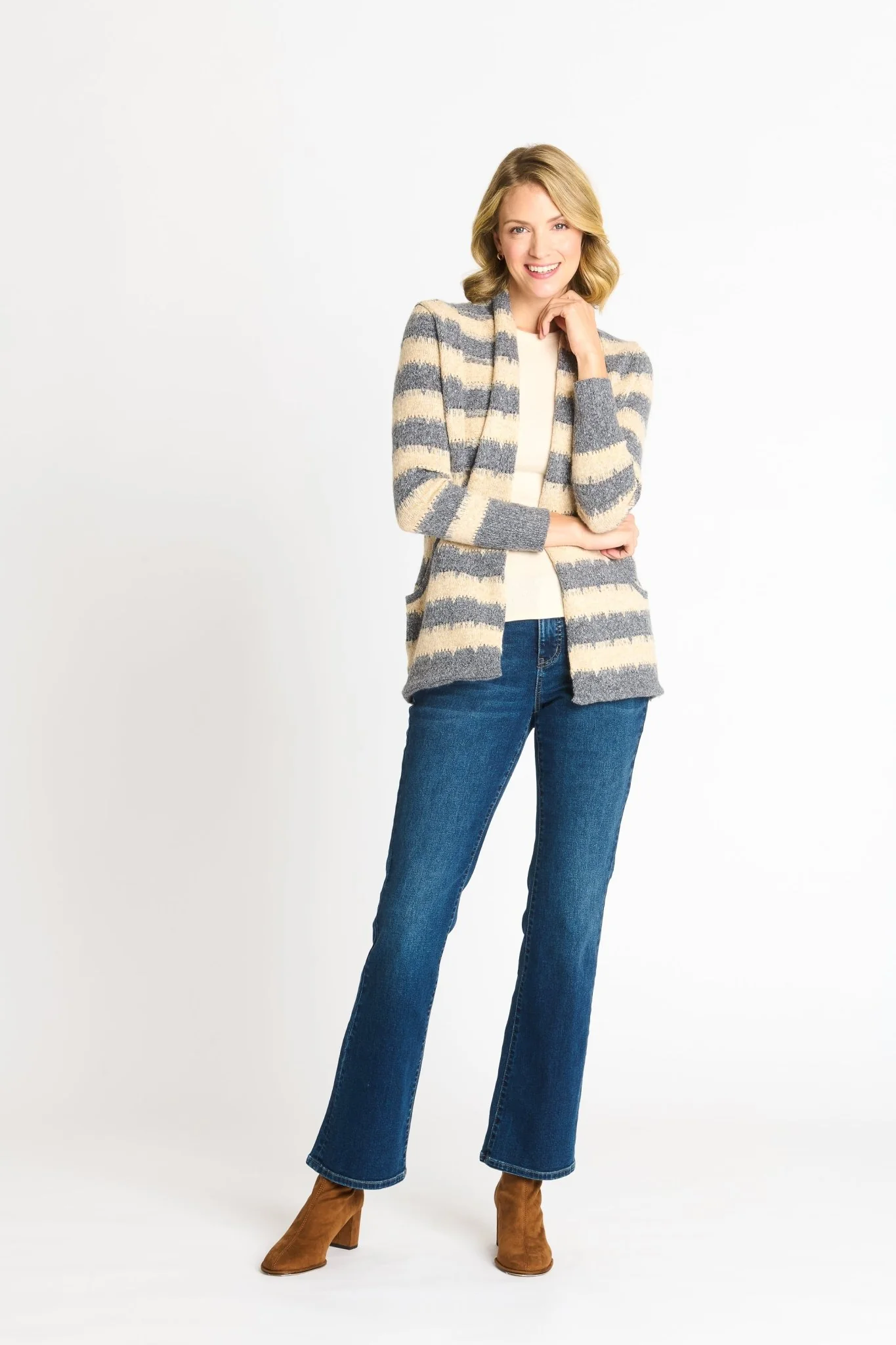 Wave Stripe J-Pocket Cardigan Sweater, Light Heather - Image 2