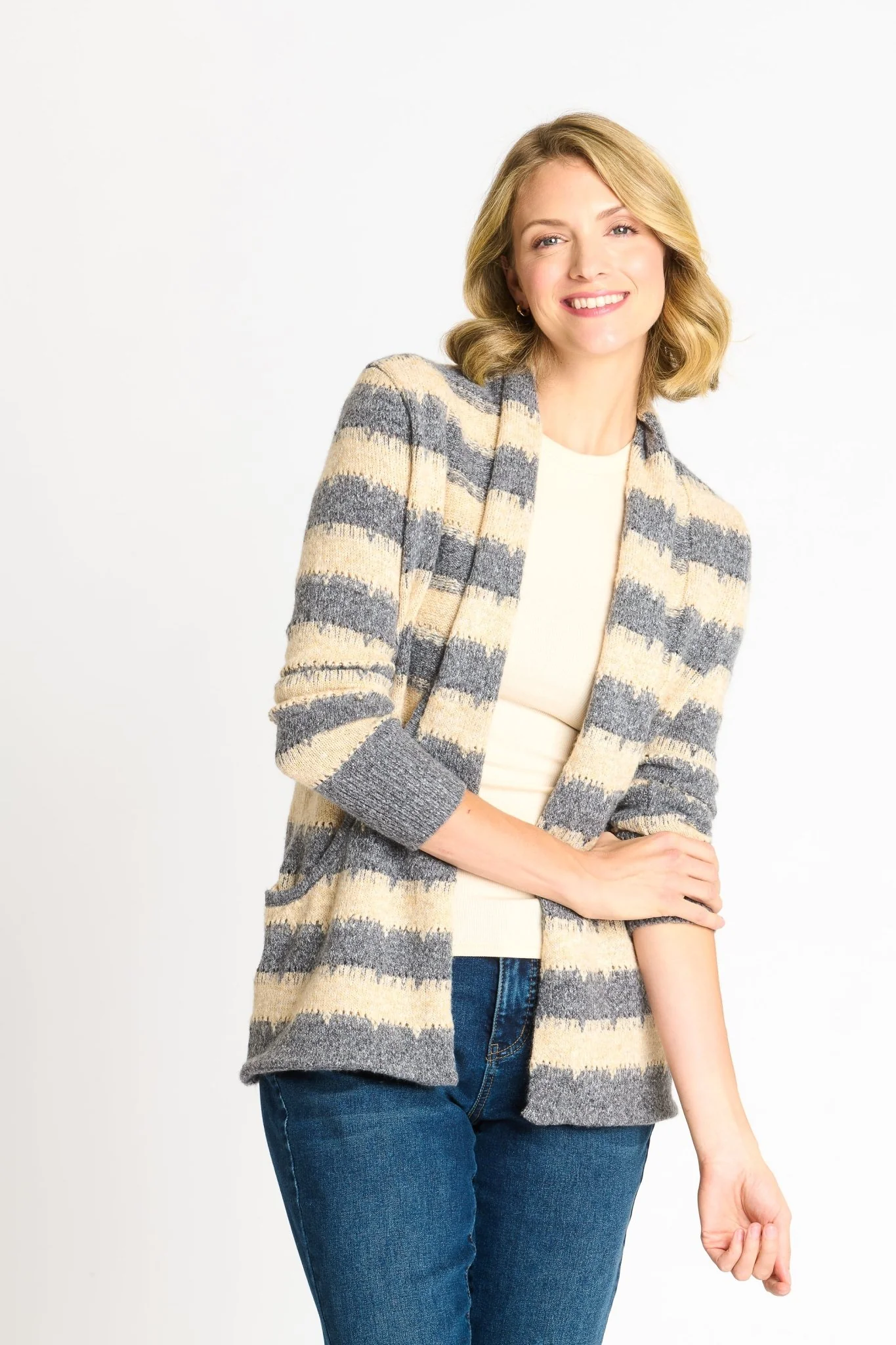 Wave Stripe J-Pocket Cardigan Sweater, Light Heather - Image 5