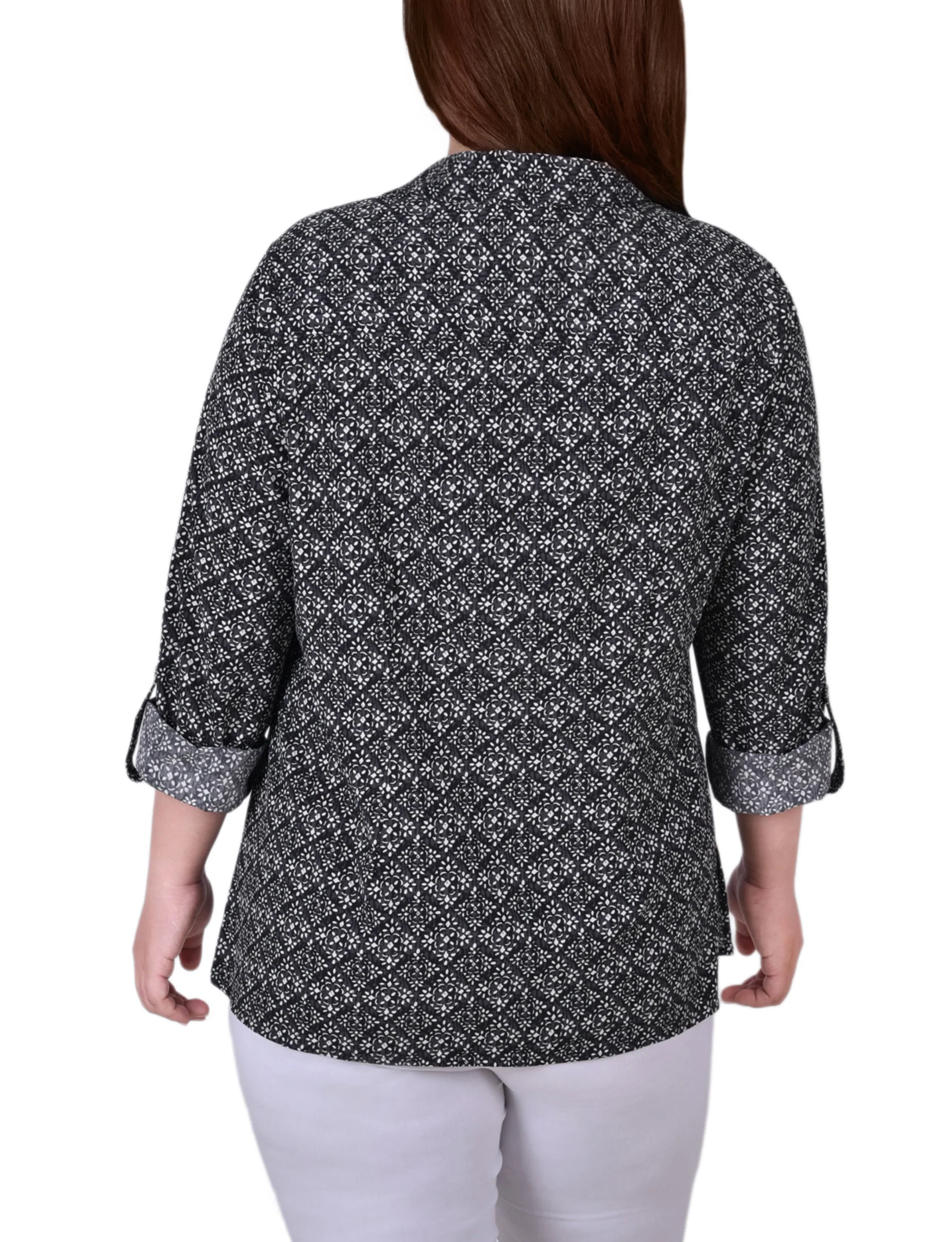 White 3/4 Roll Tab Blouse With Pockets - Plus Size - Image 4