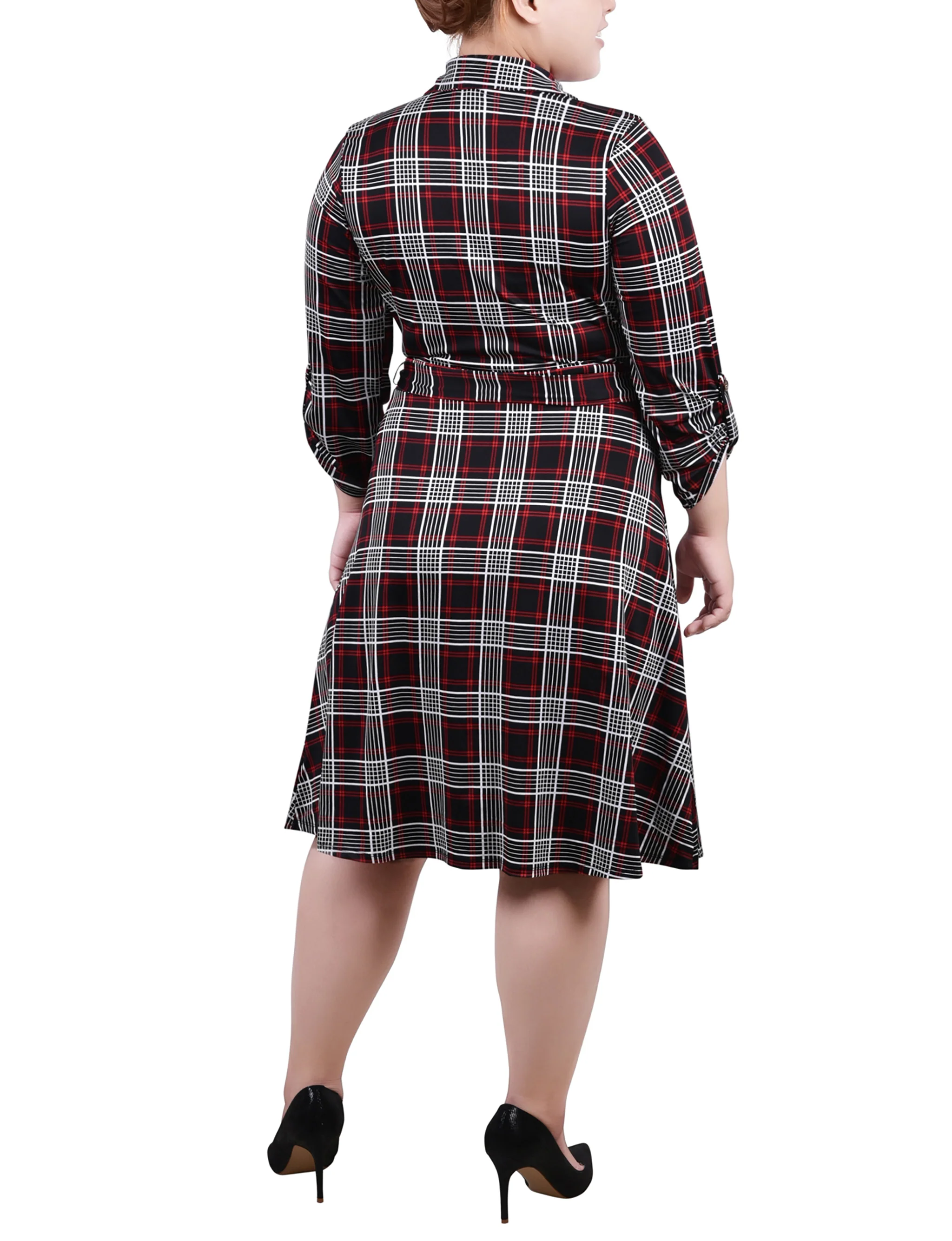 White 3/4 Slv Roll Tab Shirtdress - Plus Size - Image 3