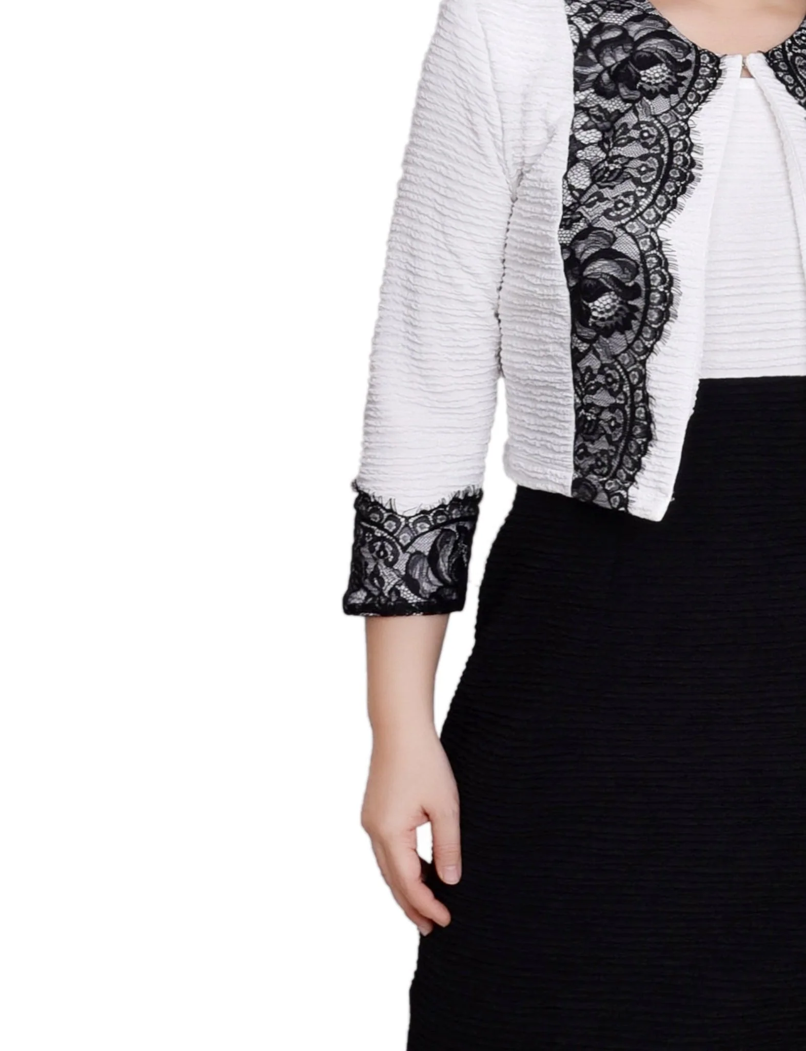 White Black Lace-Detail 2 Piece Textured Knit Dress Set - Petite - Image 4