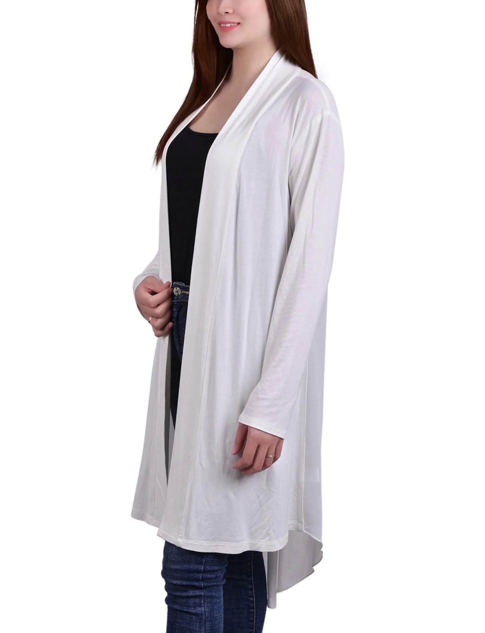 White Long Sleeve Knit Cardigan With Chiffon Back - Image 2