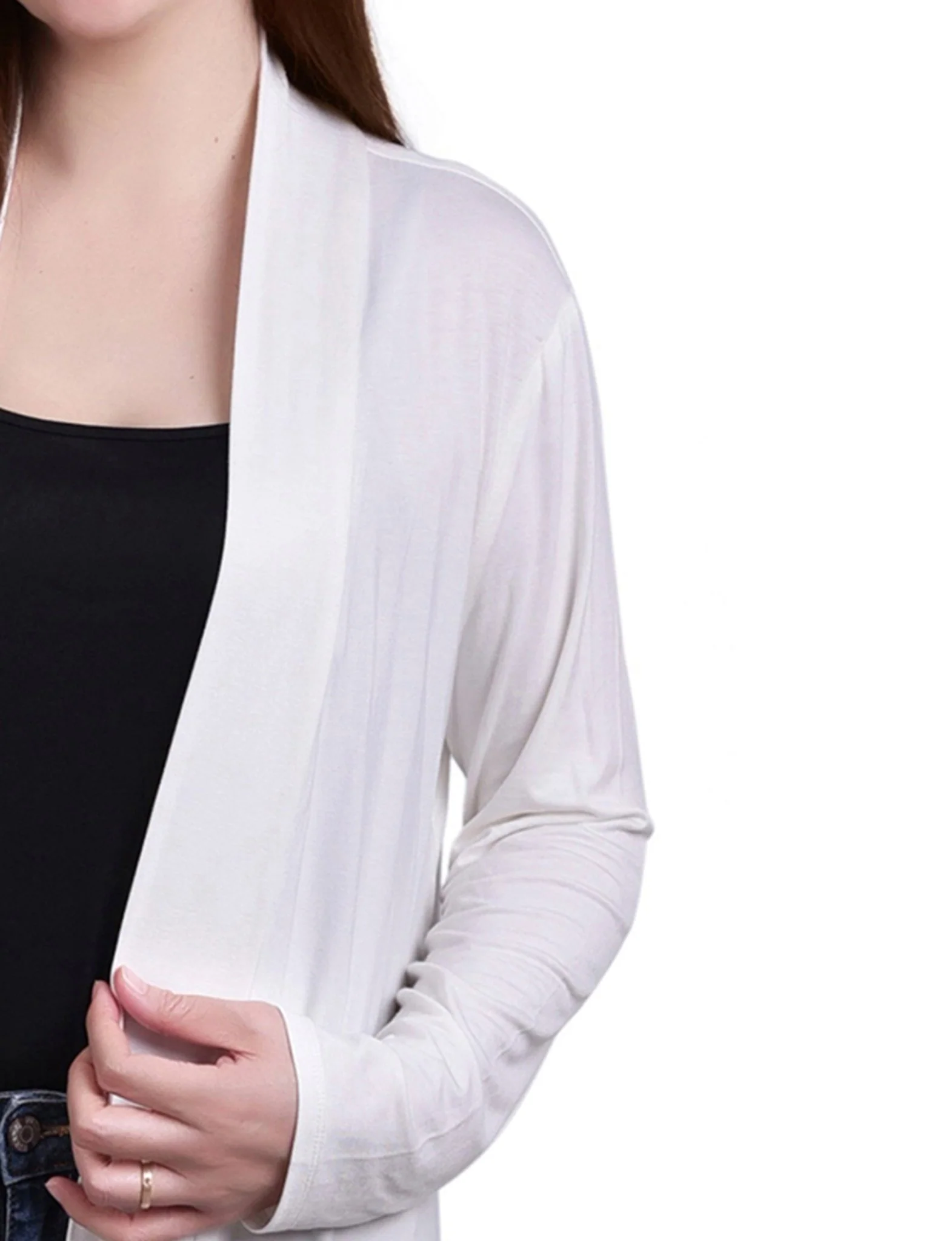 White Long Sleeve Knit Cardigan With Chiffon Back - Image 3