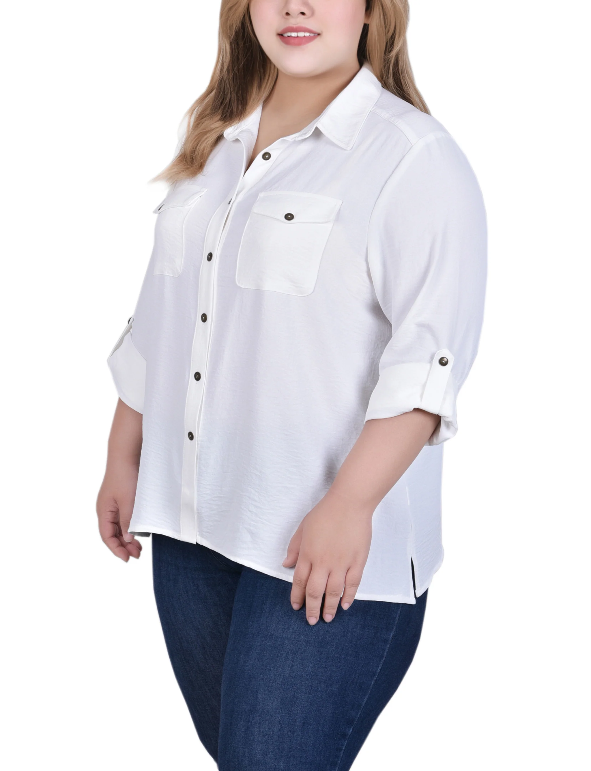 White Long Sleeve Roll Tab Blouse - Plus Size - Image 2