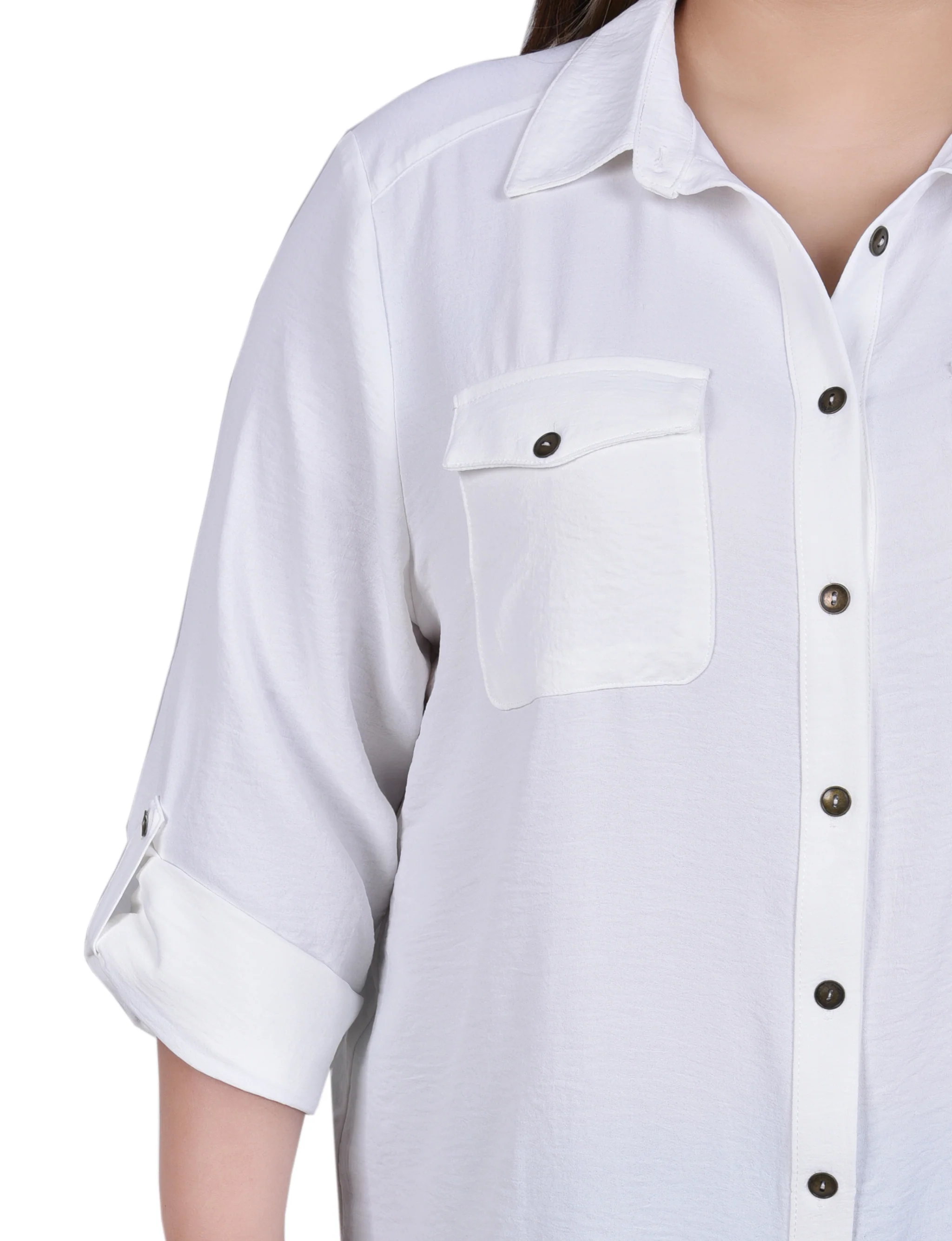 White Long Sleeve Roll Tab Blouse - Plus Size - Image 3