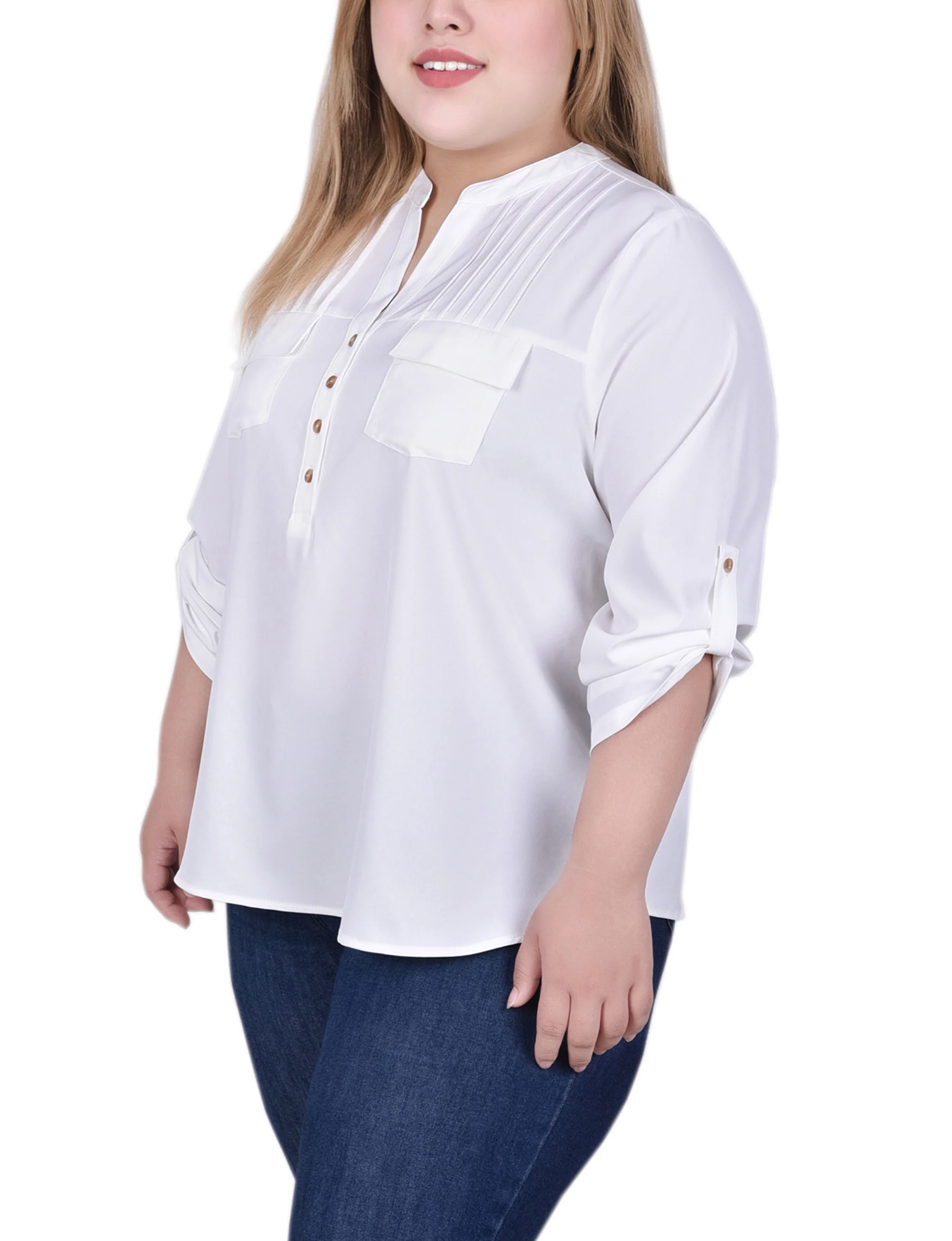 White Long Tab-Sleeve Blouse With Pockets - Plus Size - Image 2