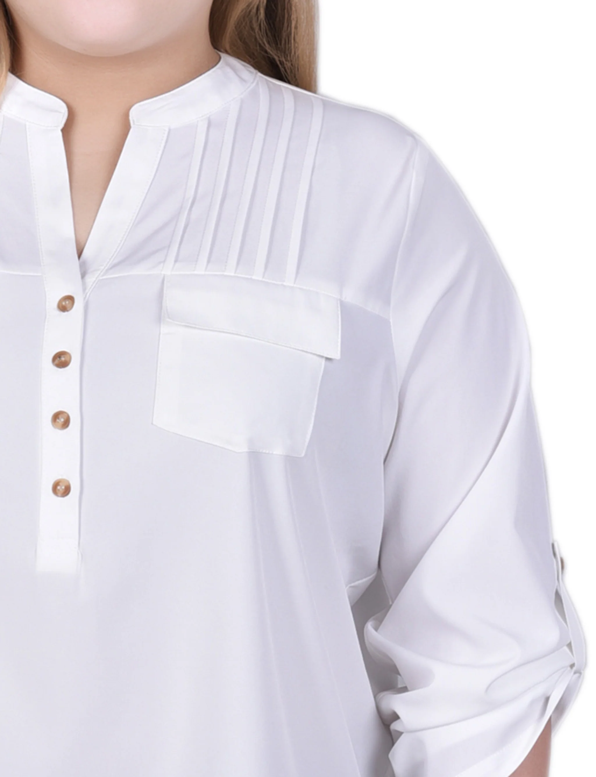 White Long Tab-Sleeve Blouse With Pockets - Plus Size - Image 3