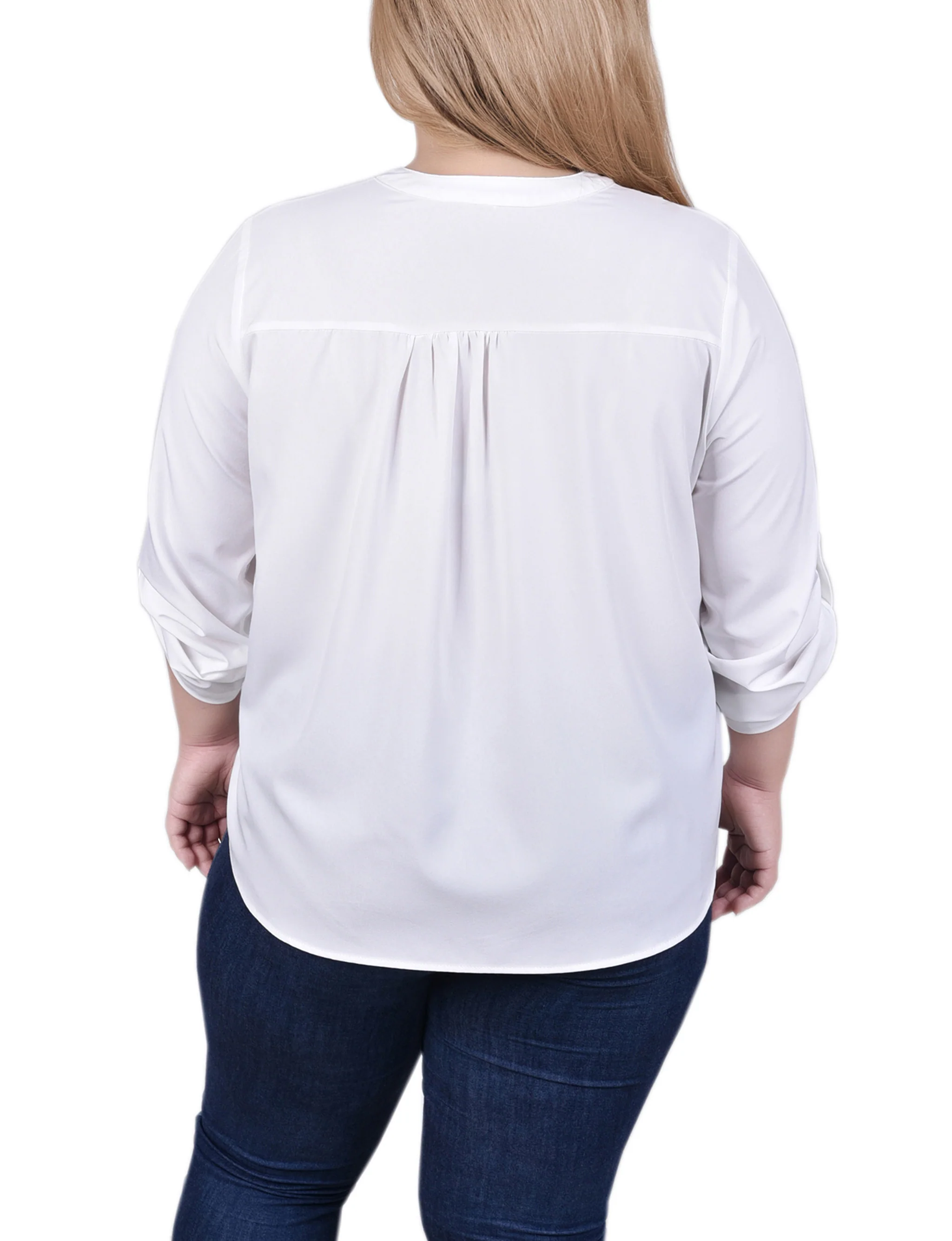 White Long Tab-Sleeve Blouse With Pockets - Plus Size - Image 4