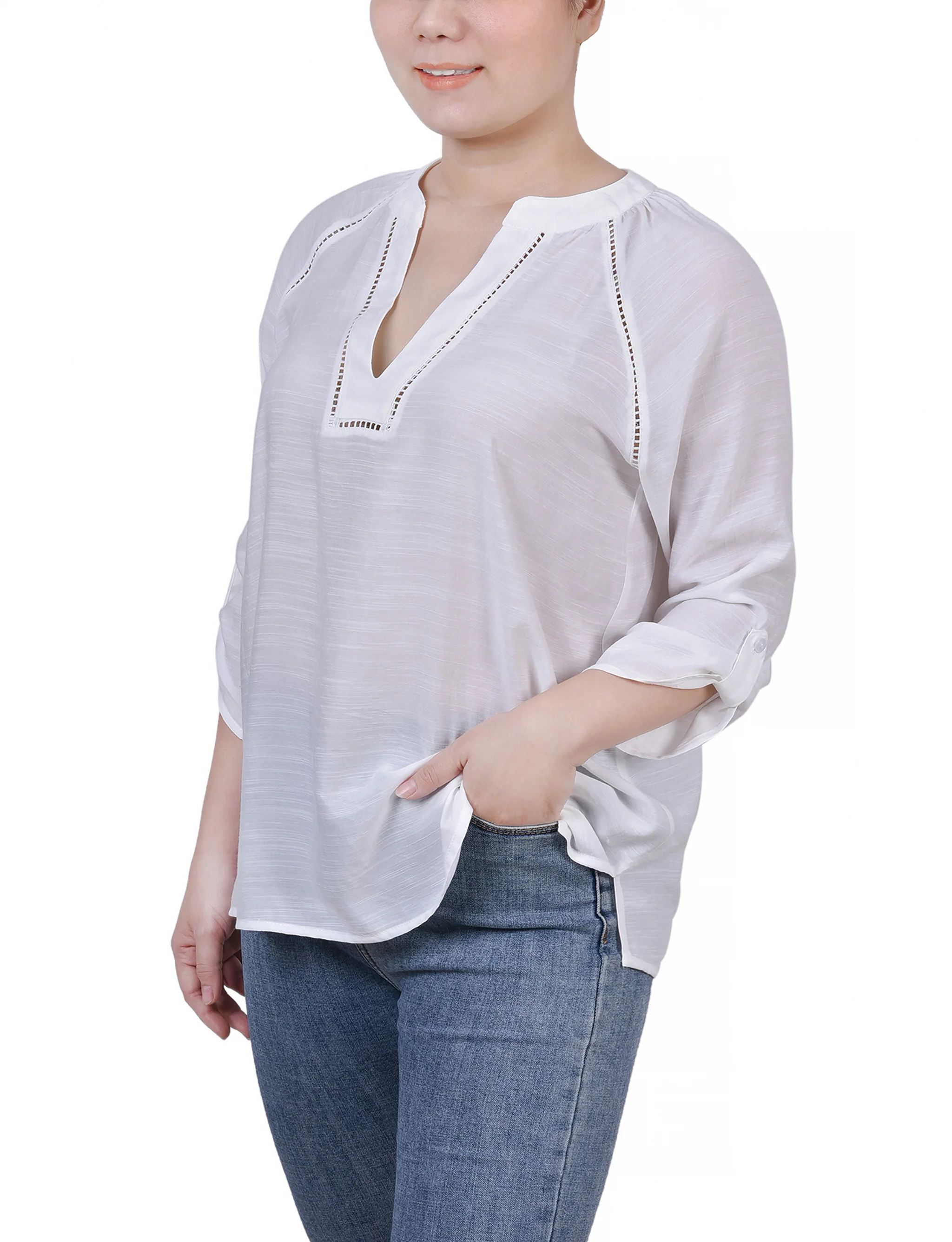 White Raglan Sleeve Split Neck Blouse - Image 2