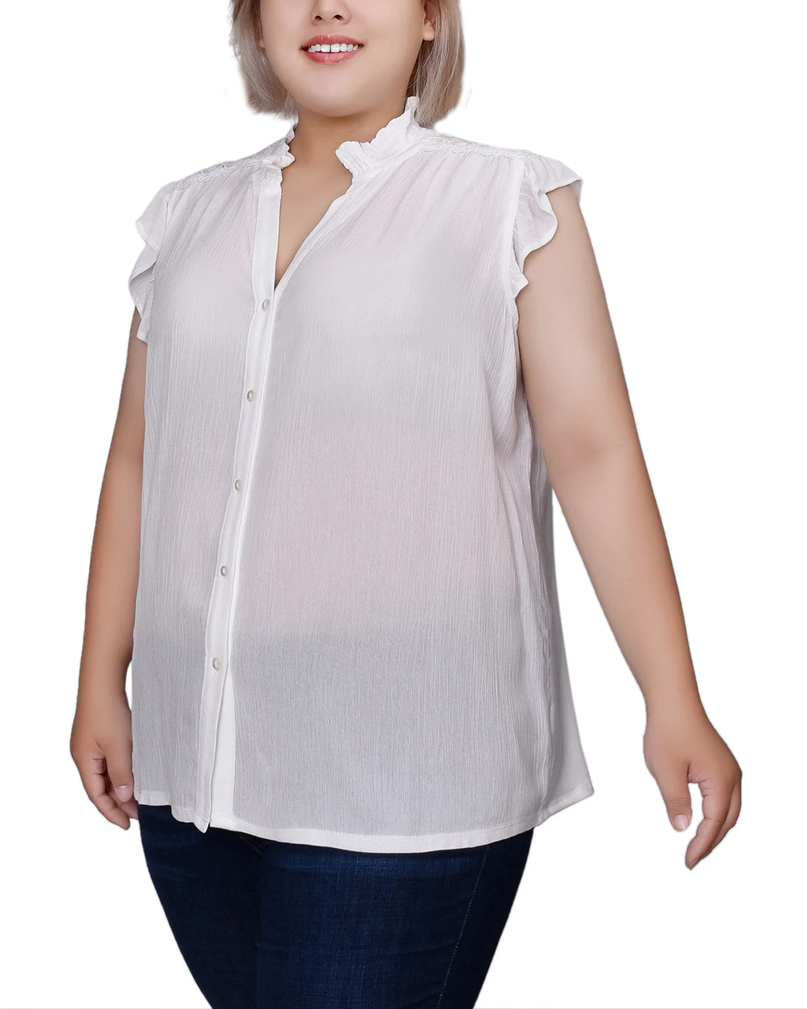 White Short Flutter Sleeve Crepon Blouse - Plus Size - Image 2