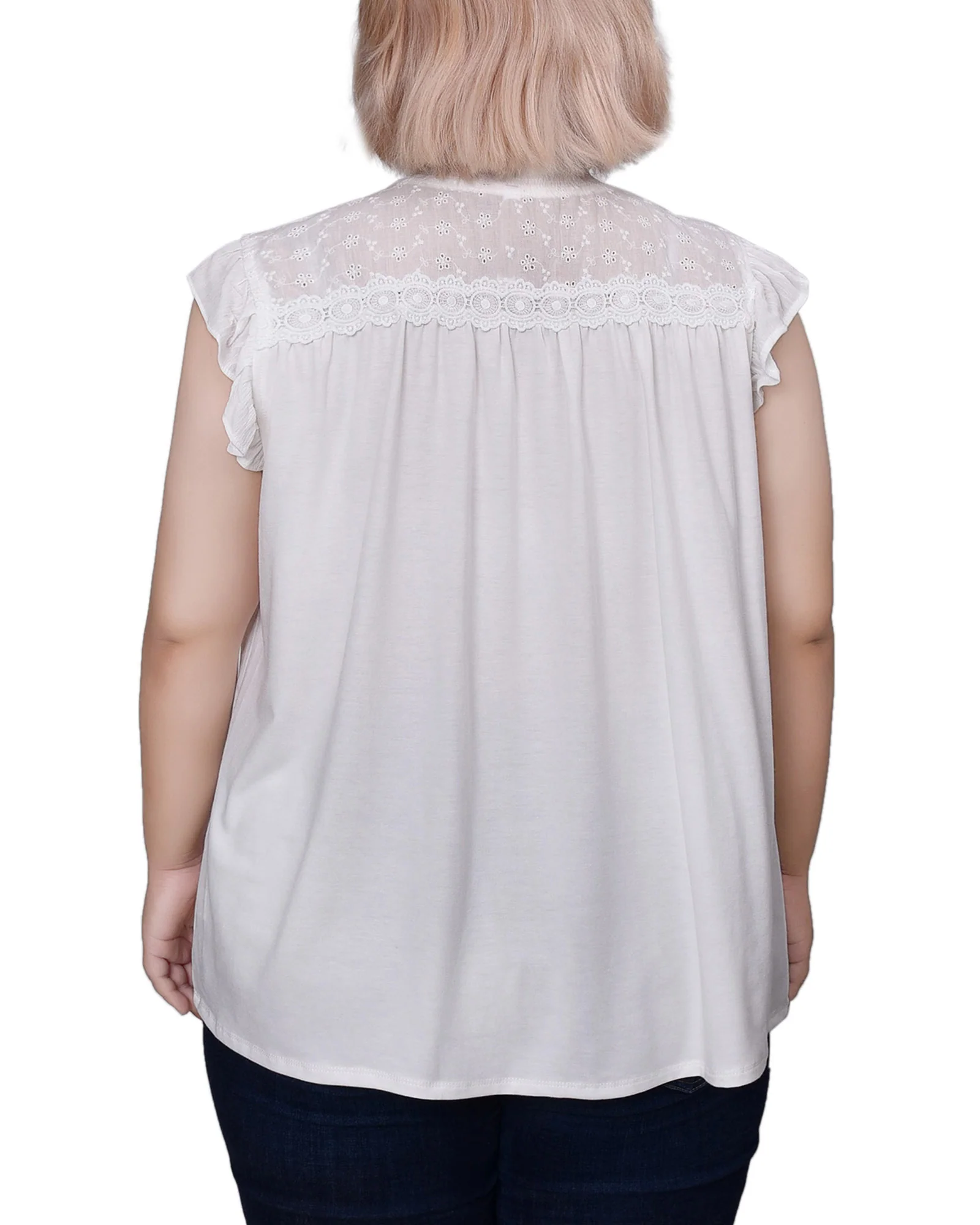 White Short Flutter Sleeve Crepon Blouse - Plus Size - Image 4