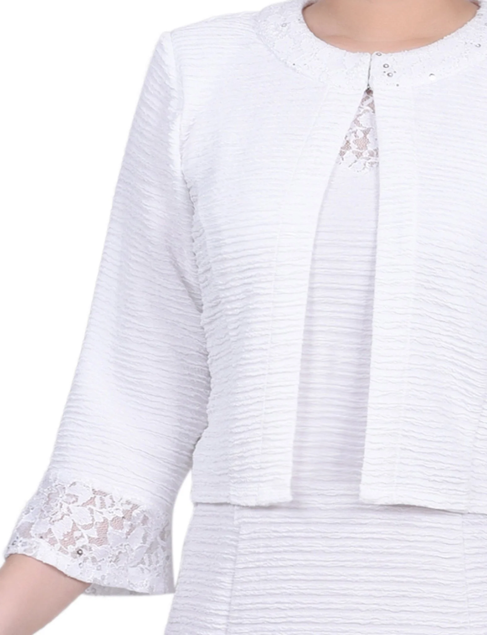 White Two Piece Novelty Knit and Lace Dress Set - Image 4