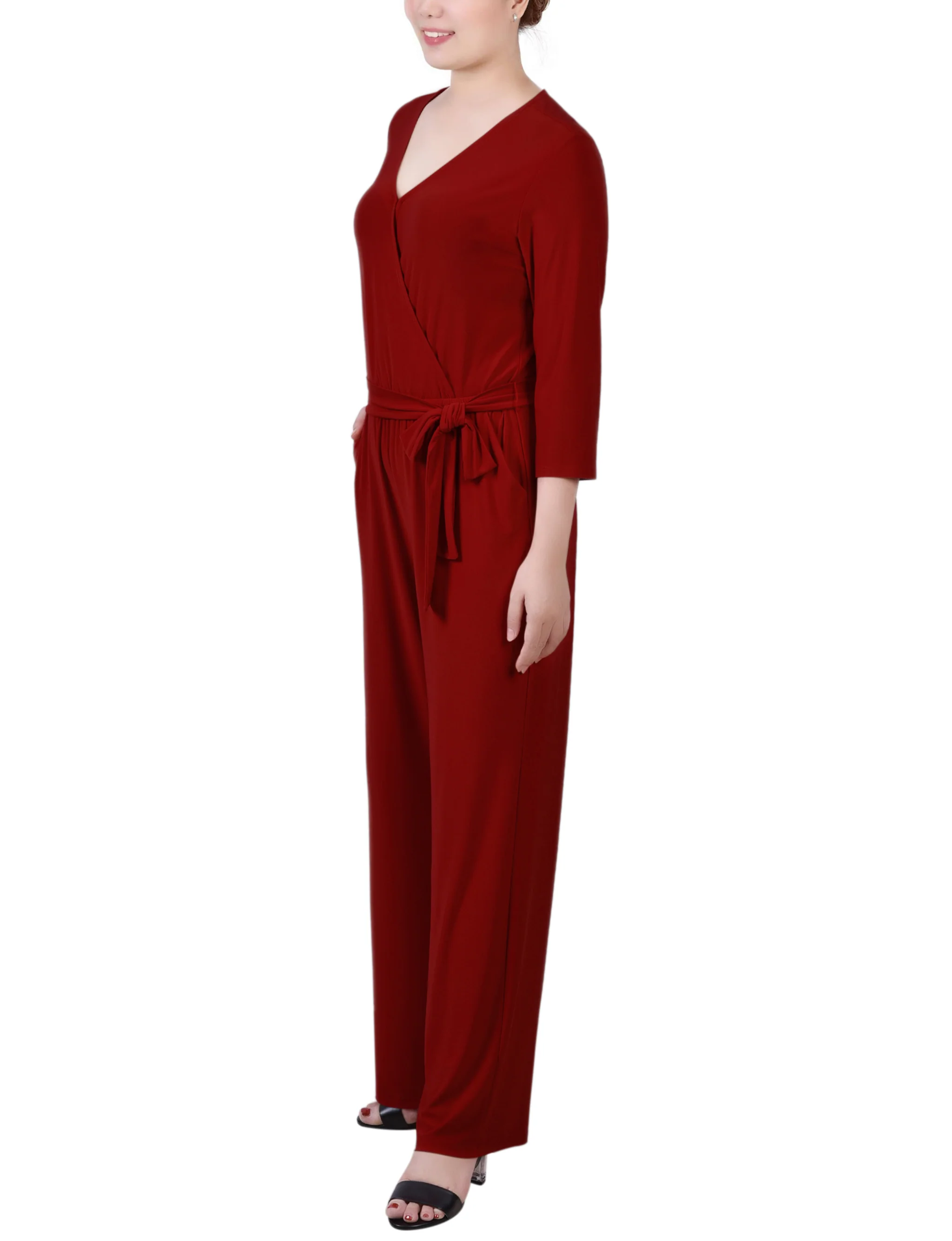 Wine 3/4 Sleeve Belted Jumpsuit - Image 2